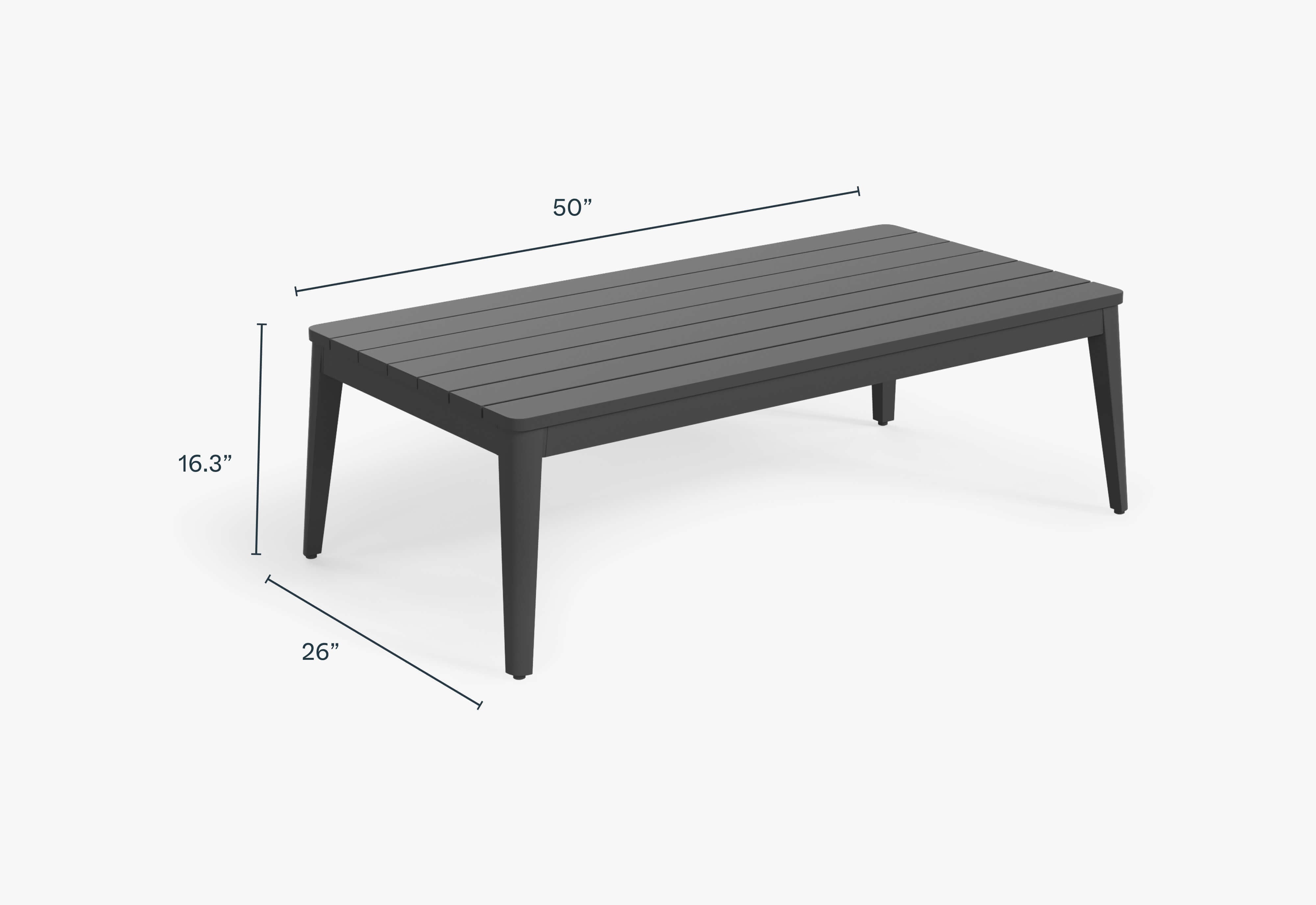 Charcoal Aluminum Rectangular Coffee Table, dimensions in inches. #color_charcoal