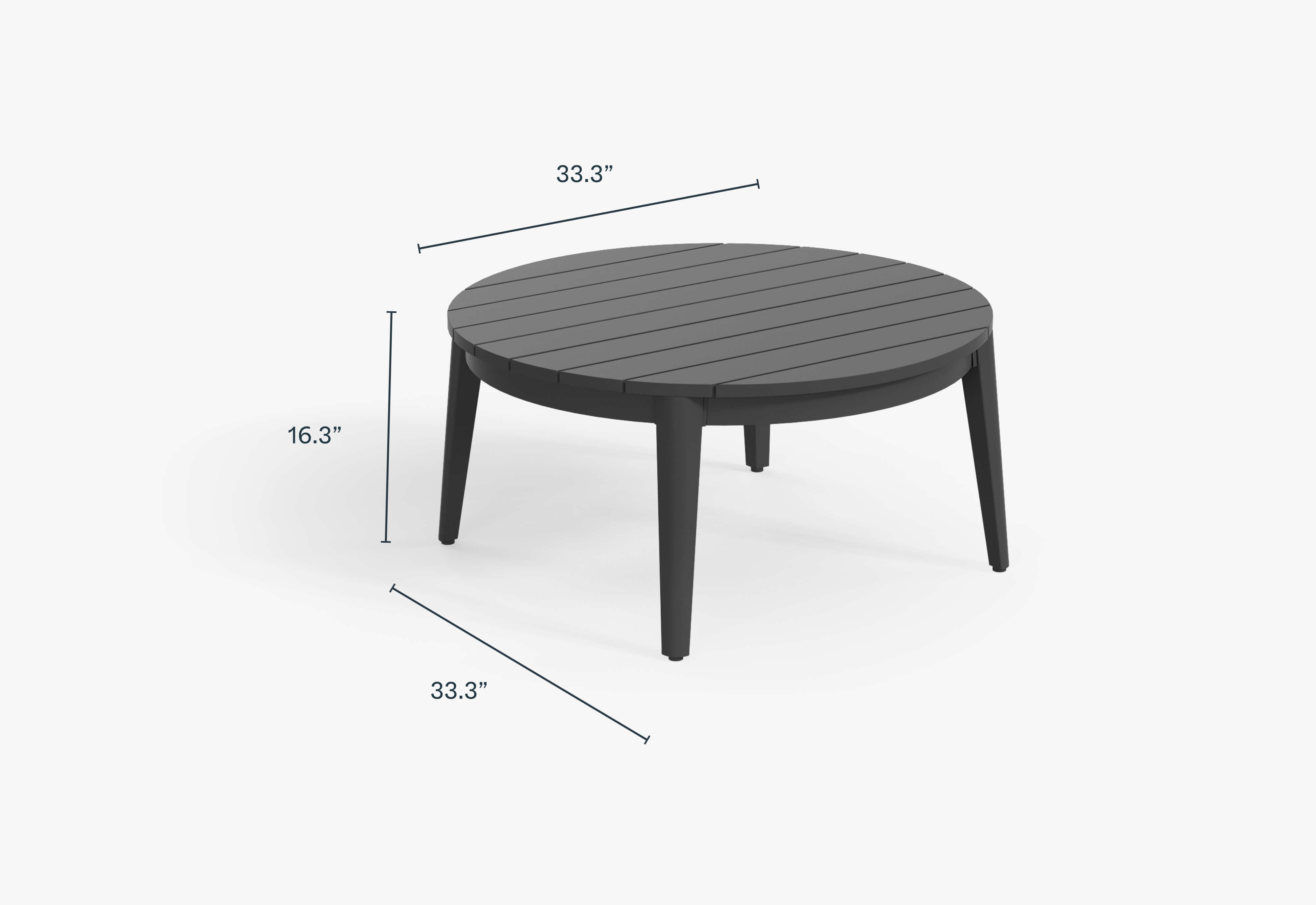 Charcoal Aluminum Round Coffee Table, dimensions in inches.