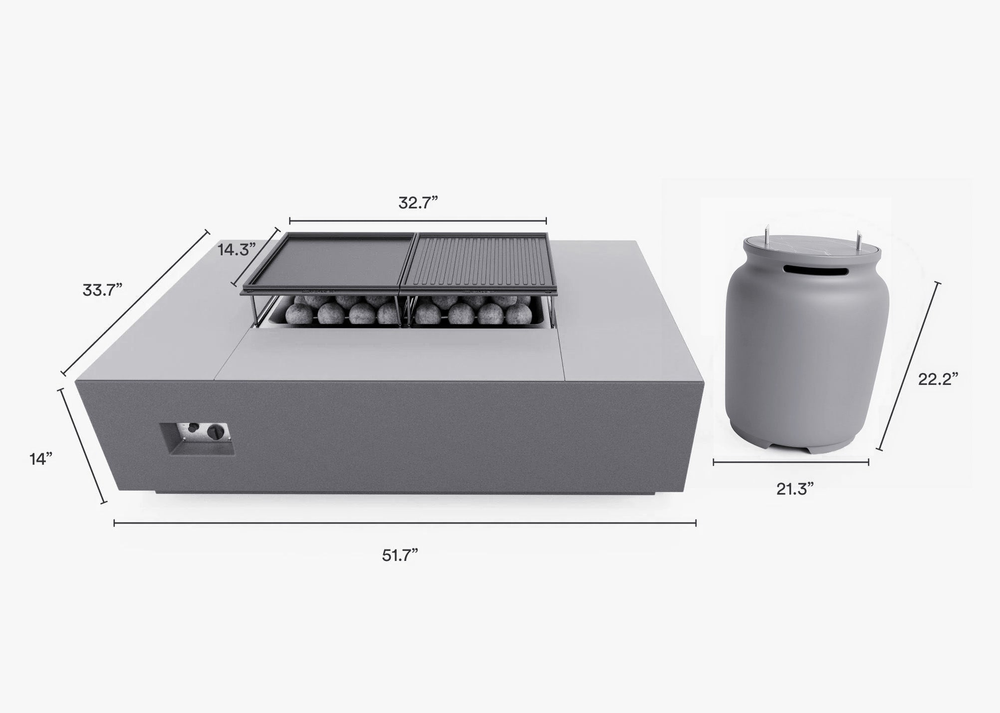 Dimensions in inches of all components of the Fire Pit Table set, also listed under Dimensions & Weights. #title_default title