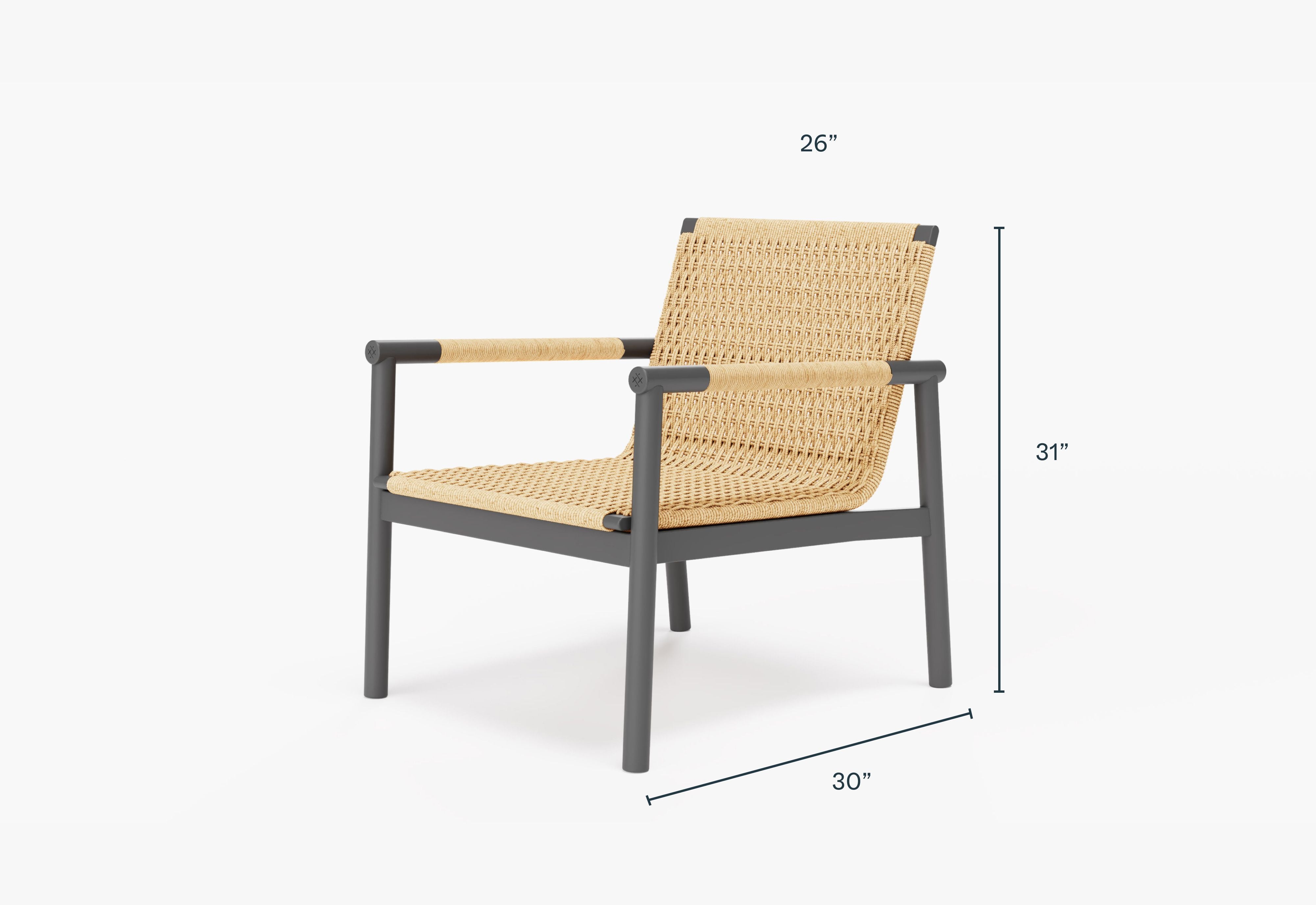 Dimensions of the Flex Armchair. #color_aluminum + wicker