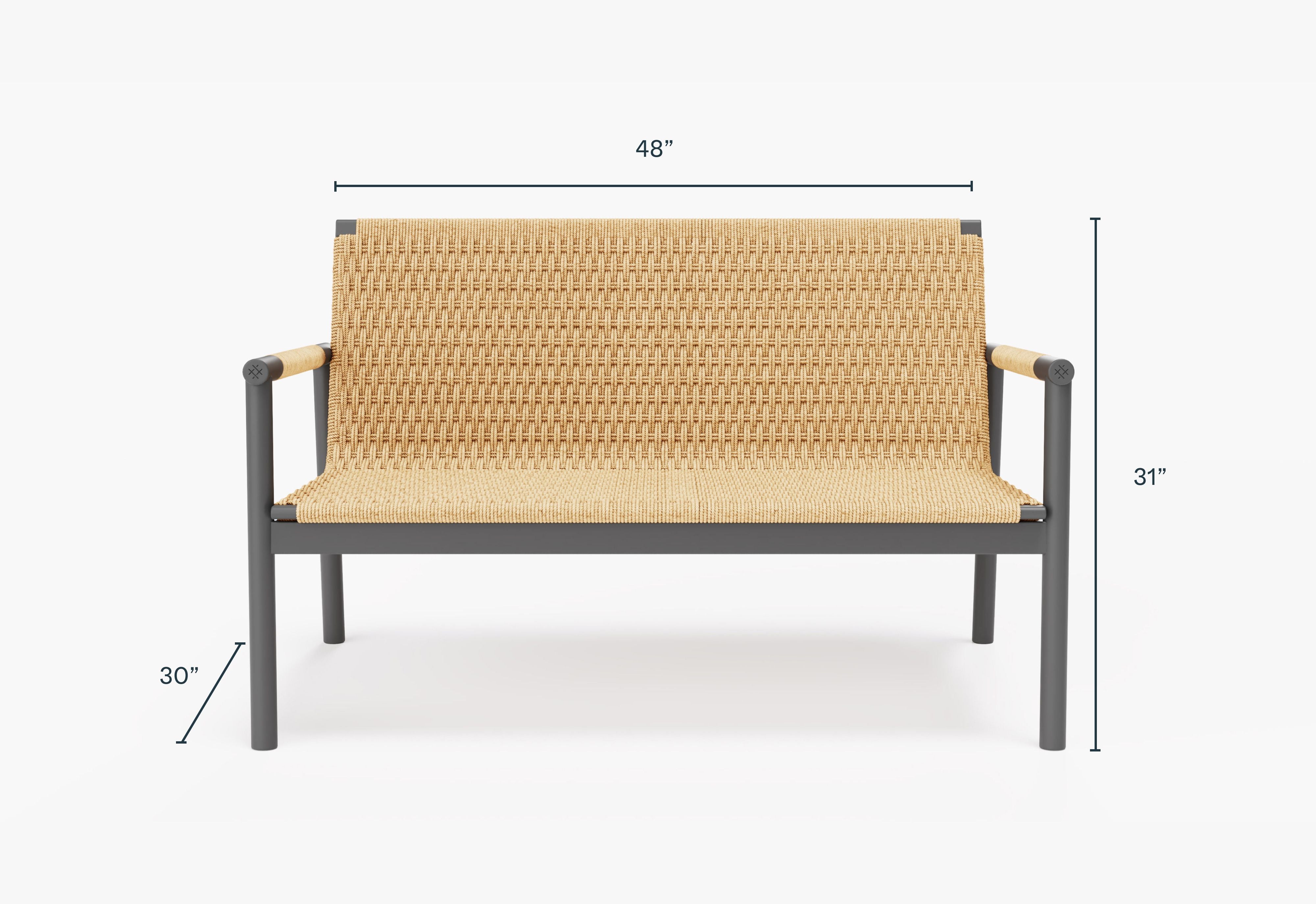 Dimensions of the Flex Loveseat. #color_aluminum + wicker