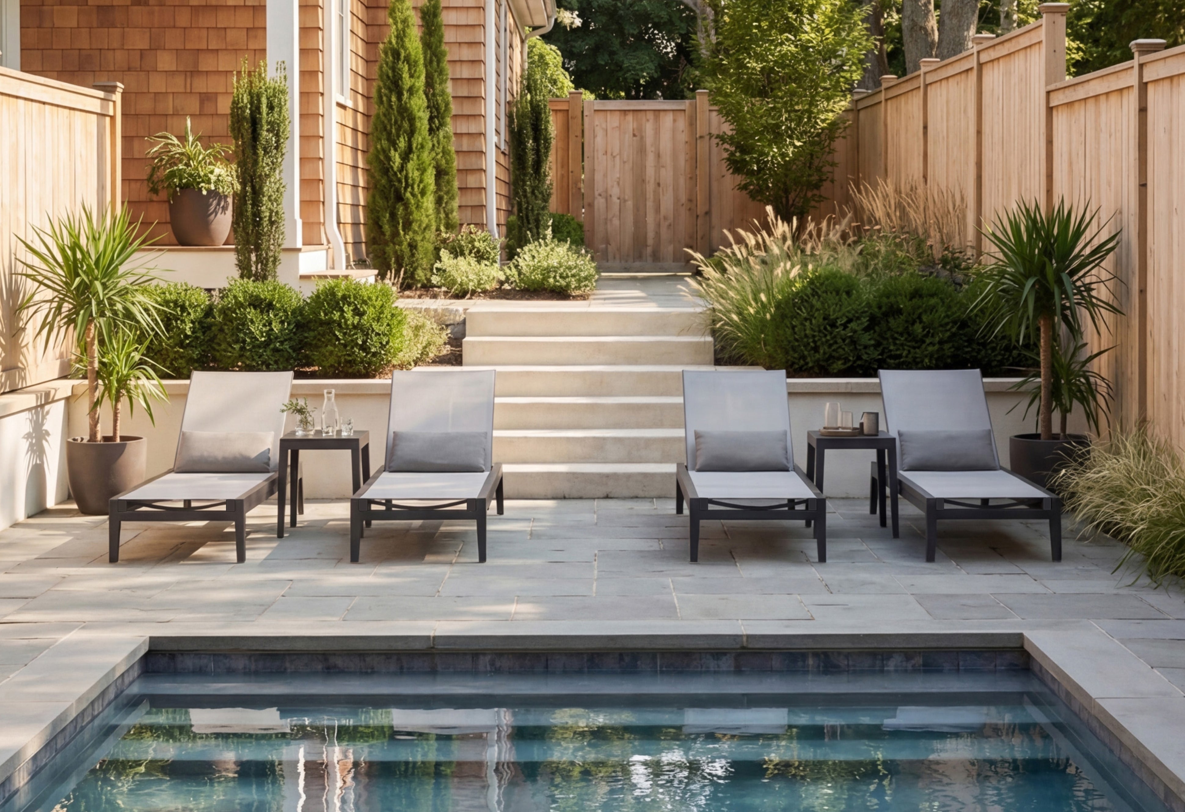 Outdoor poolside lounge chairs with aluminum frames and side tables in modern backyard patio setting with landscaping and wood fencing