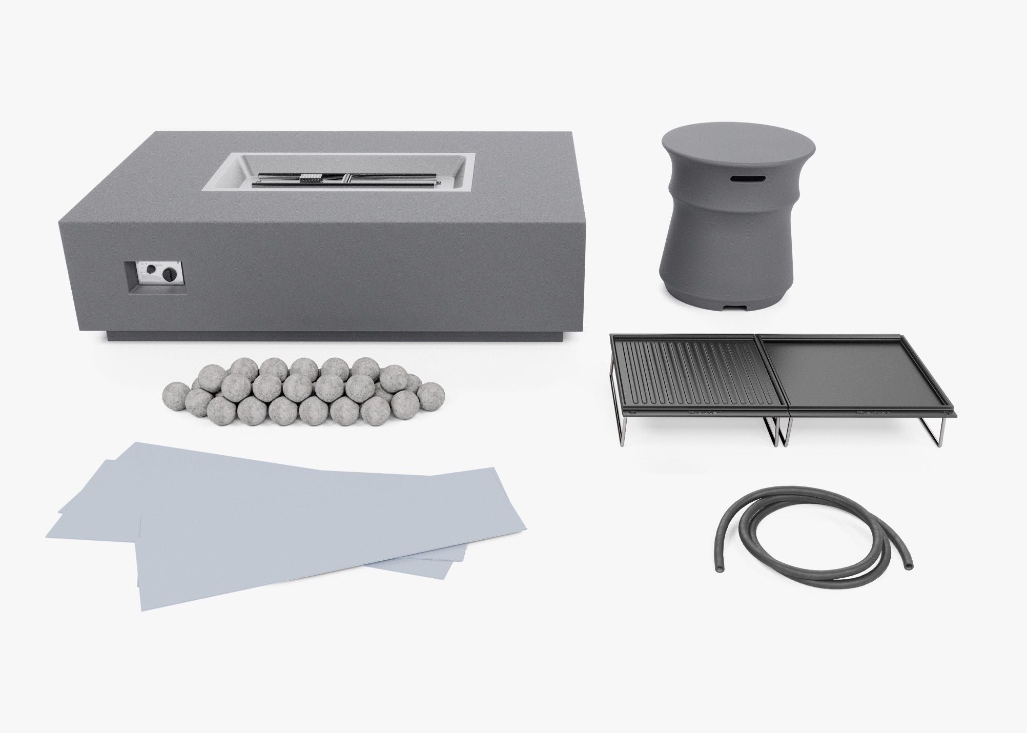 Fire Pit Table component pieces: propane cover and hose, cooking surface, splatter guard, fire pit medium. #title_default title