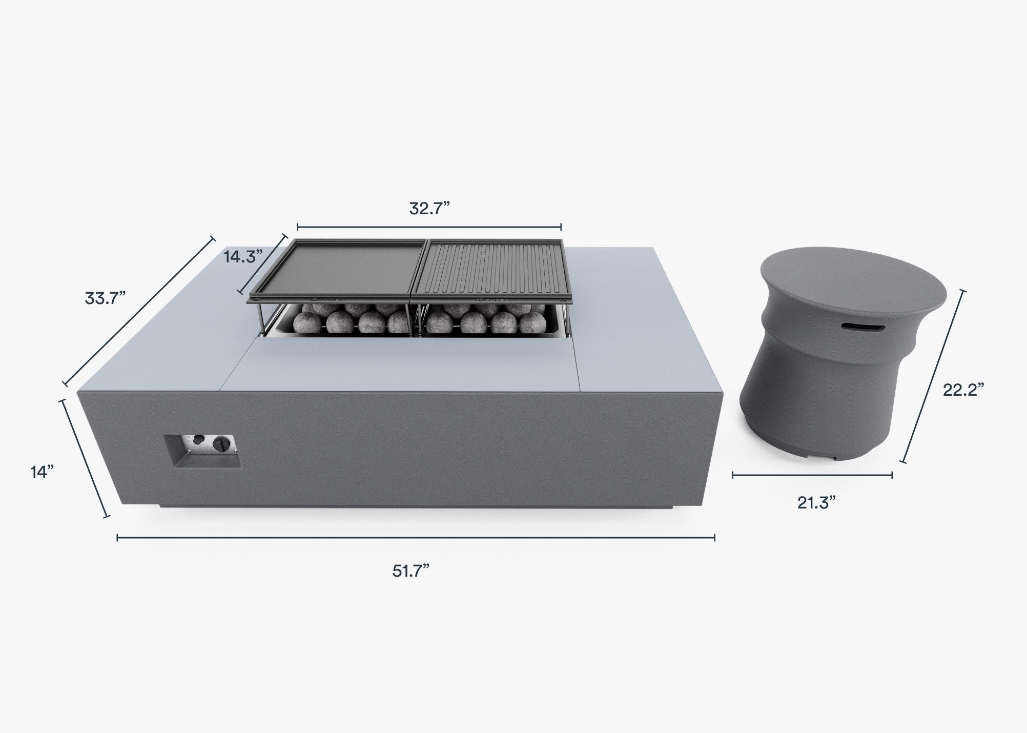 Dimensions in inches of all components of the Fire Pit Table set, also listed under Dimensions & Weights. #title_default title