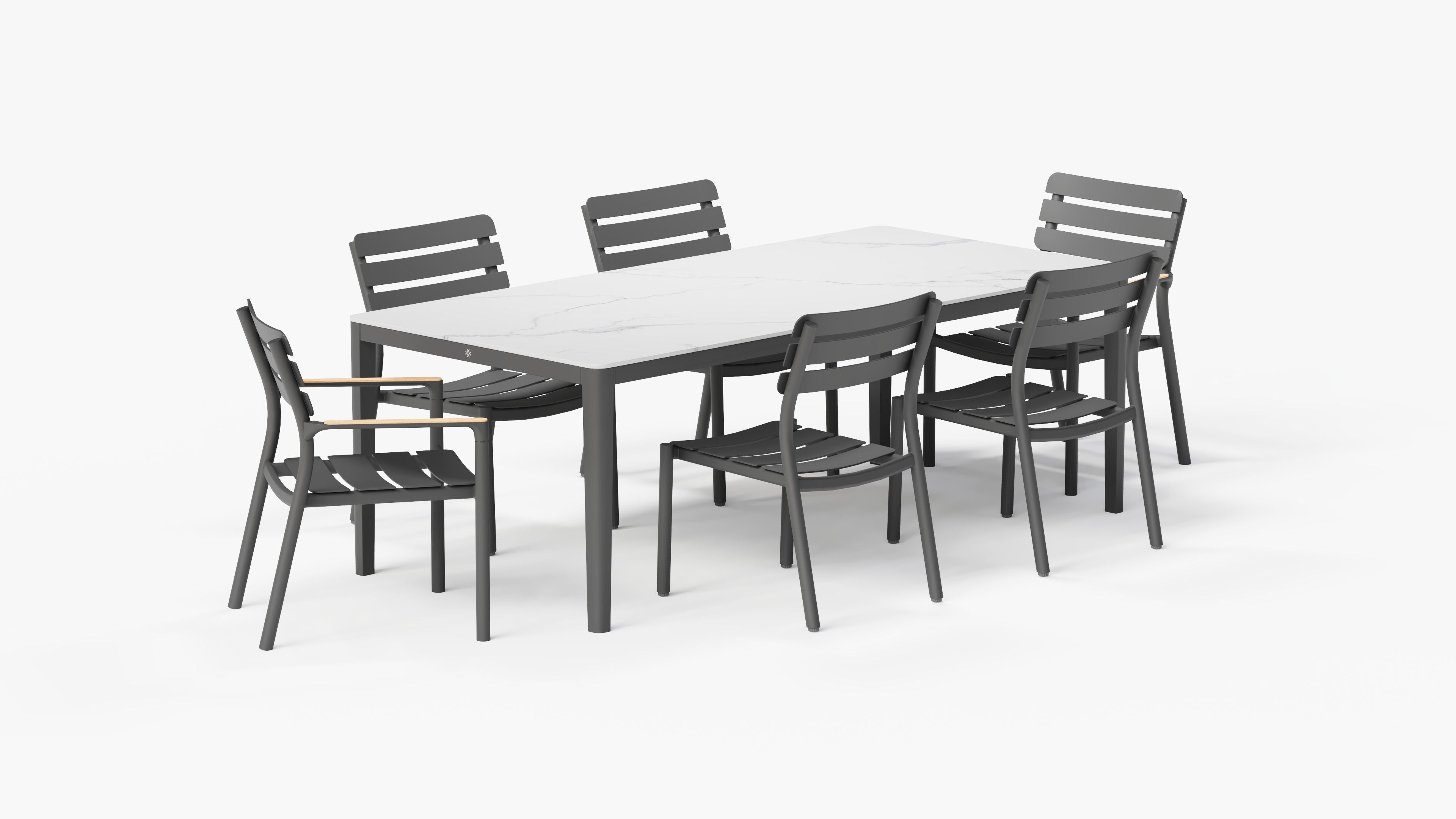 OuterStone Dining Table in Glacier White with 4 595 Armless Chairs and 2 595 Armchairs, 3/4 view. #color_glacier white