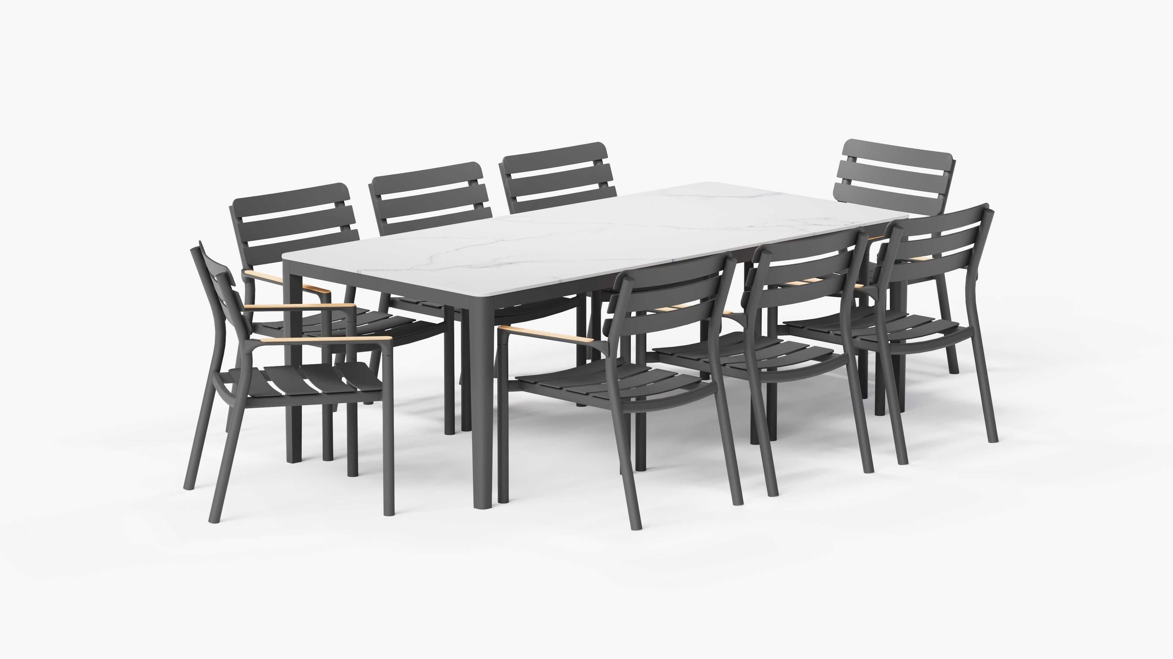 OuterStone Dining Table in Glacier White with 8 595 Armchairs, 3/4 view. #table color_glacier white