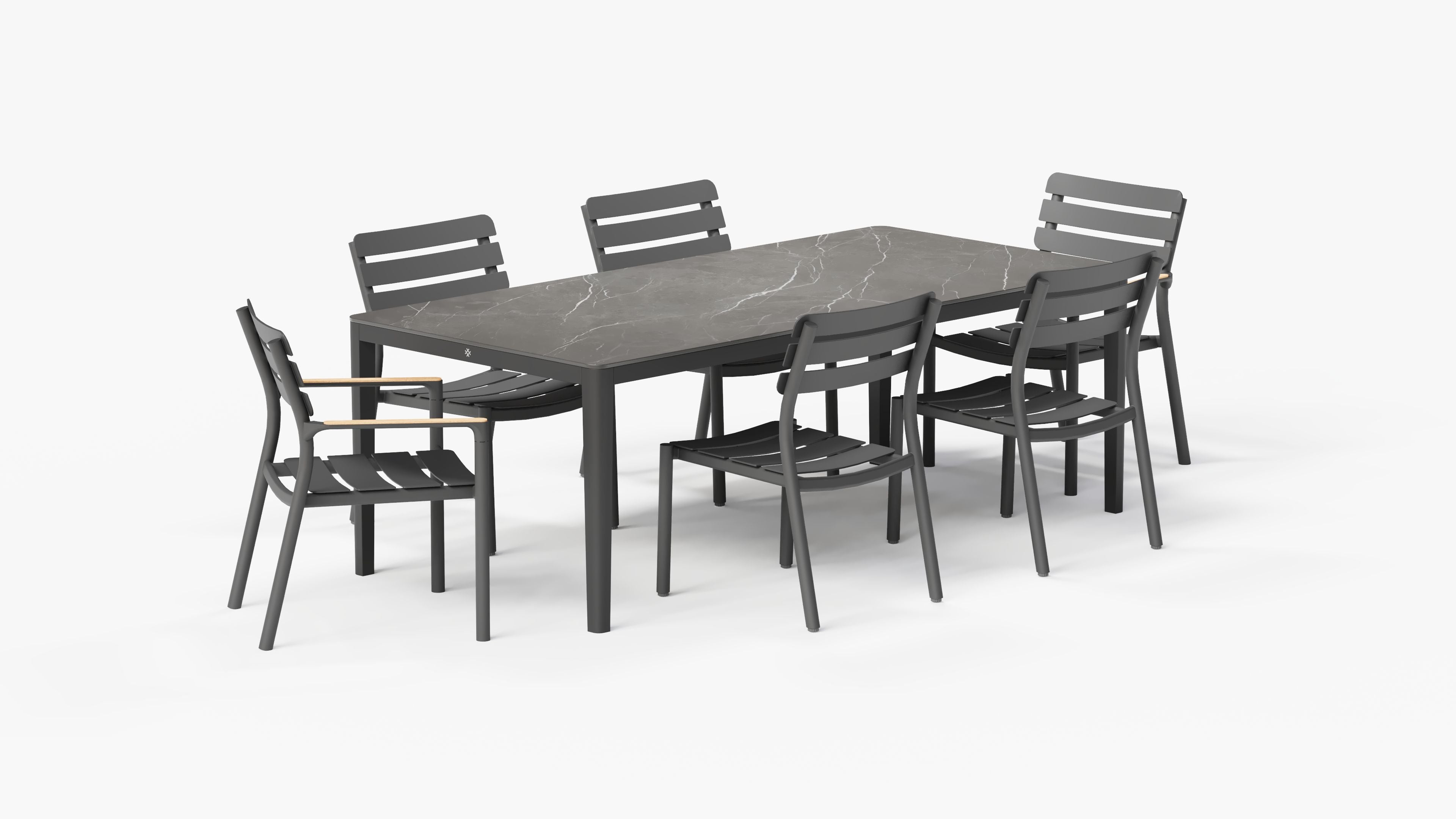 OuterStone Dining Table in Mineral Gray with 4 595 Armless Chairs and 2 595 Armchairs, 3/4 view. #table color_mineral gray