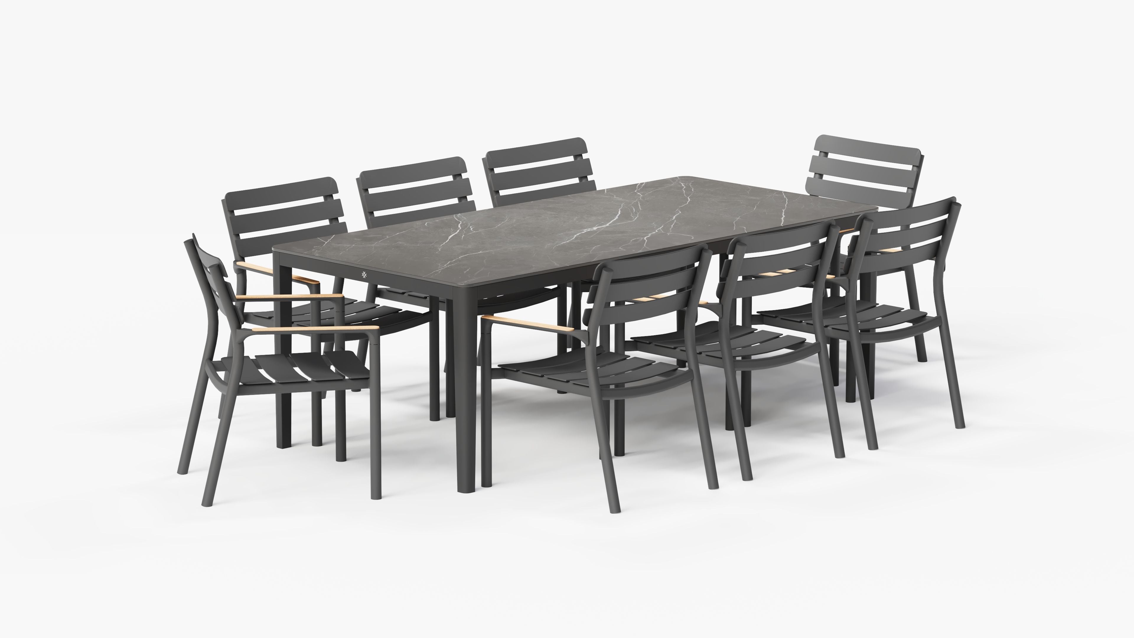 OuterStone Dining Table in Mineral Gray with 8 595 Armchairs, 3/4 view. #table color_mineral gray