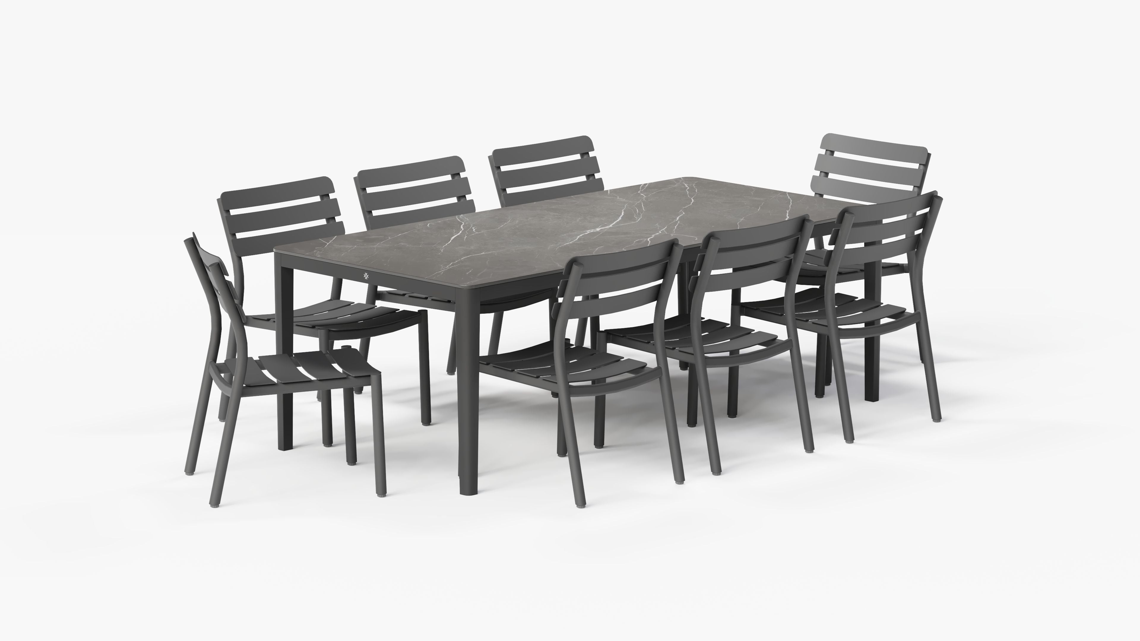 OuterStone Dining Table in Mineral Gray with 8 595 Armless Chairs, 3/4 view. #table color_mineral gray