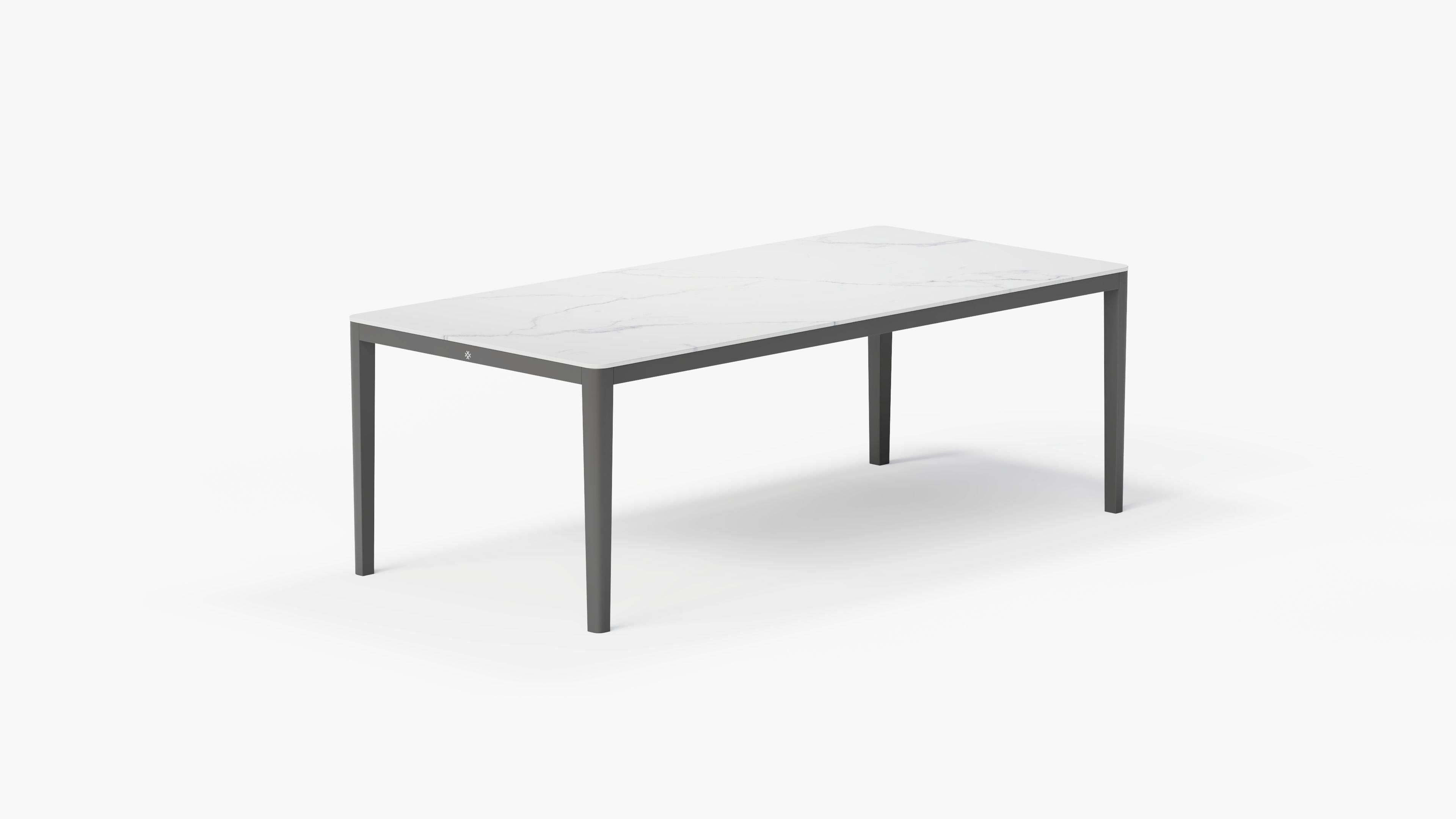 OuterStone Dining Table in Glacier White, 3/4 view. #color_glacier white