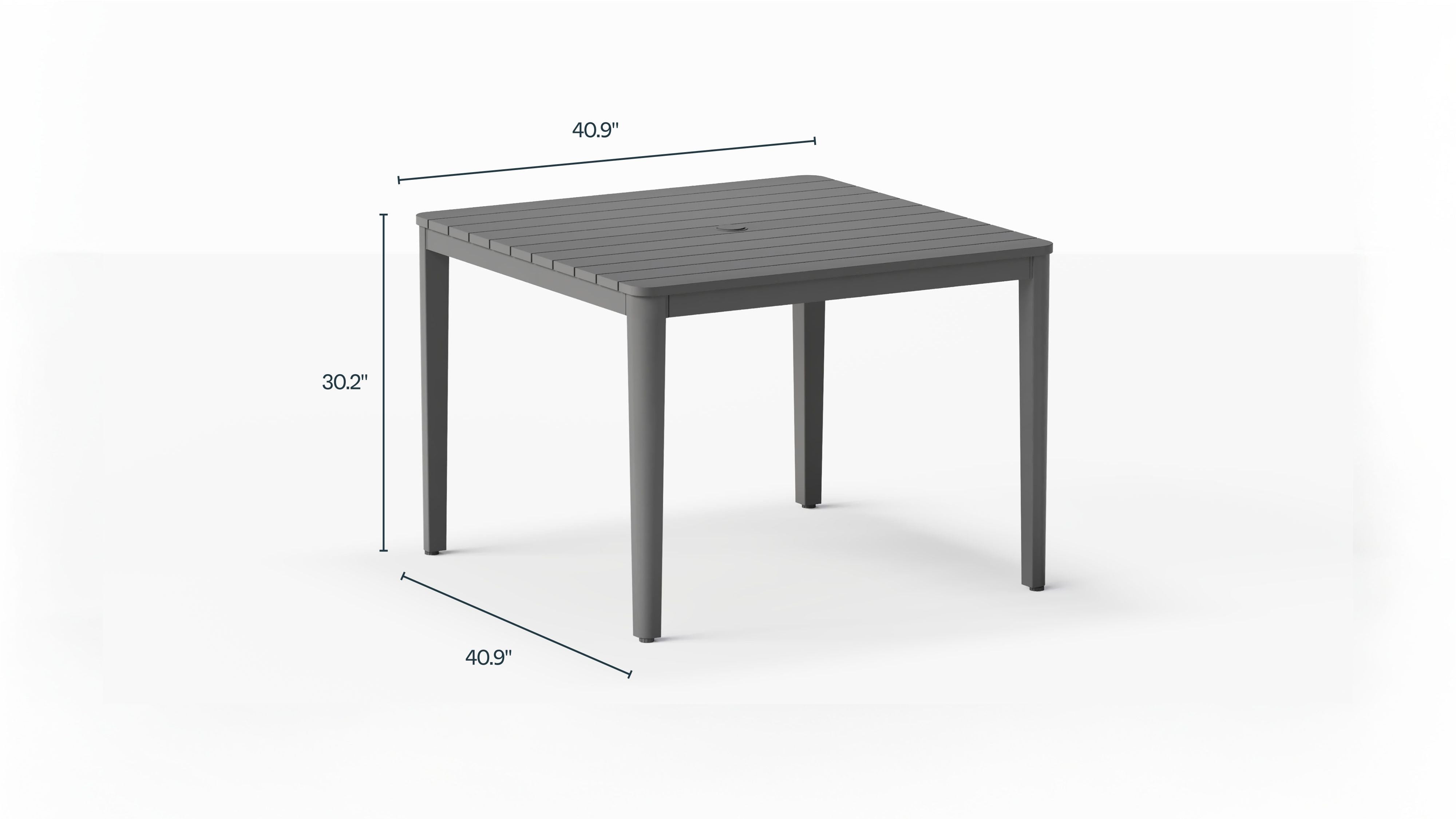 Dimensions of the Aluminum Square Dining Table in inches. #color_charcoal