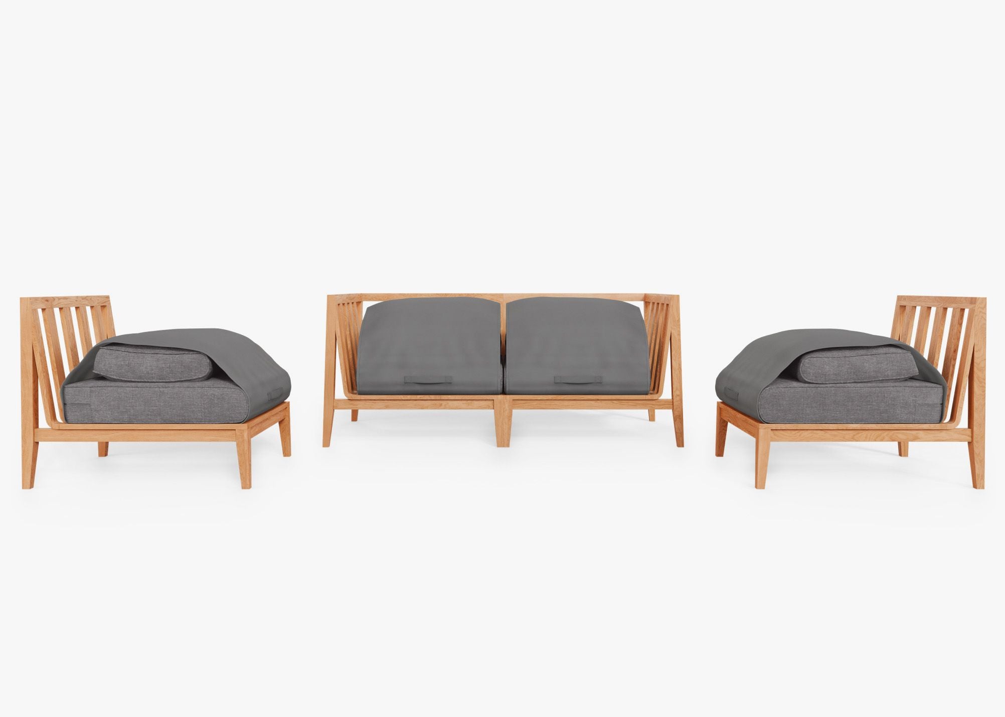 Teak Outdoor Loveseat with Armless Chairs - 4 Seat shown with the OuterShell outdoor cushion cover, offering exclusive integrated protection. #color_dark pebble gray