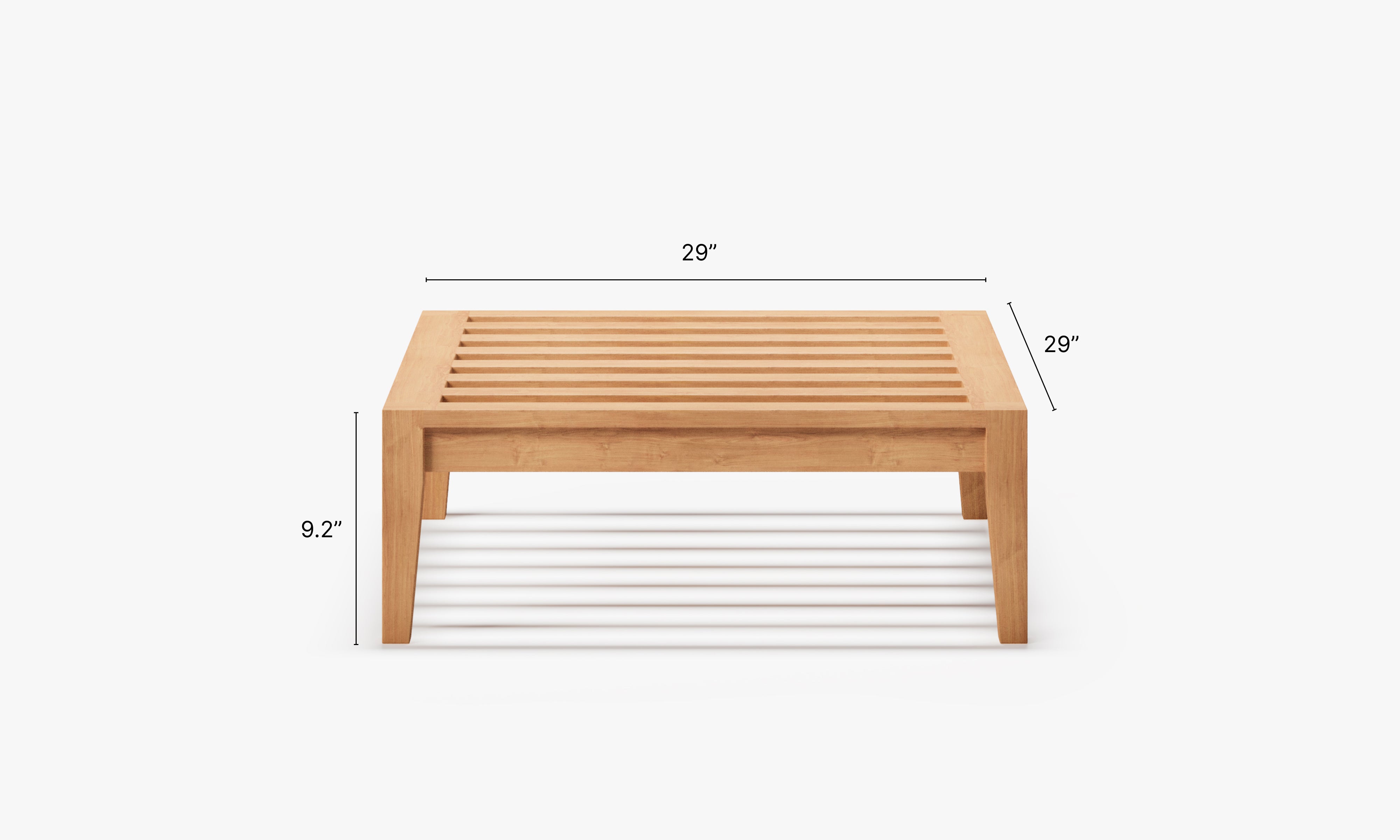 Teak ottoman frame with slatted top and clean rectangular form, shown with dimension annotations (29" x 29" x 9.2"), highlighting compact outdoor furniture proportions and solid wood construction