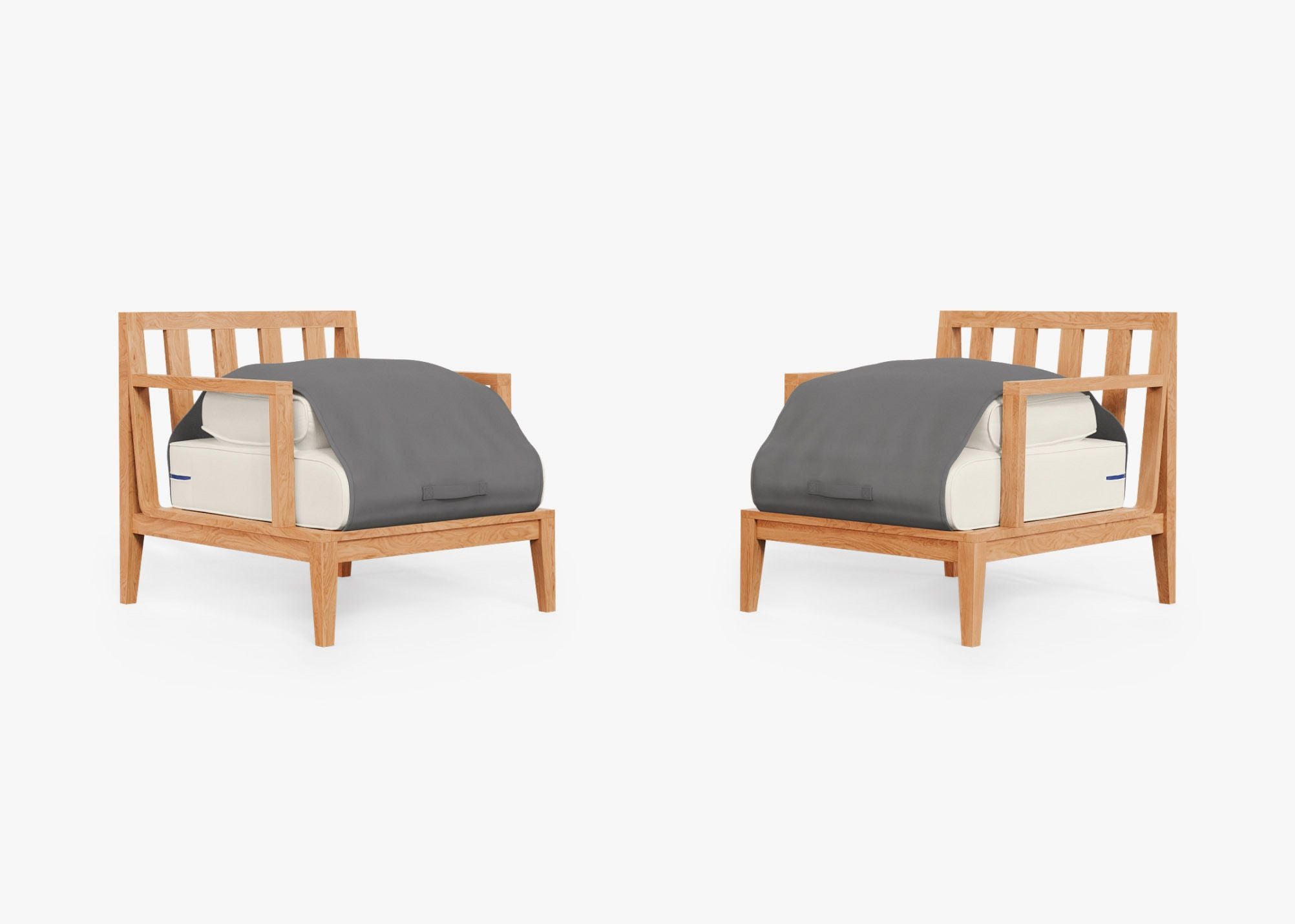 Teak Outdoor Armchair Conversation Set shown with the OuterShell outdoor cushion cover, offering exclusive integrated protection. #color_palisades cream