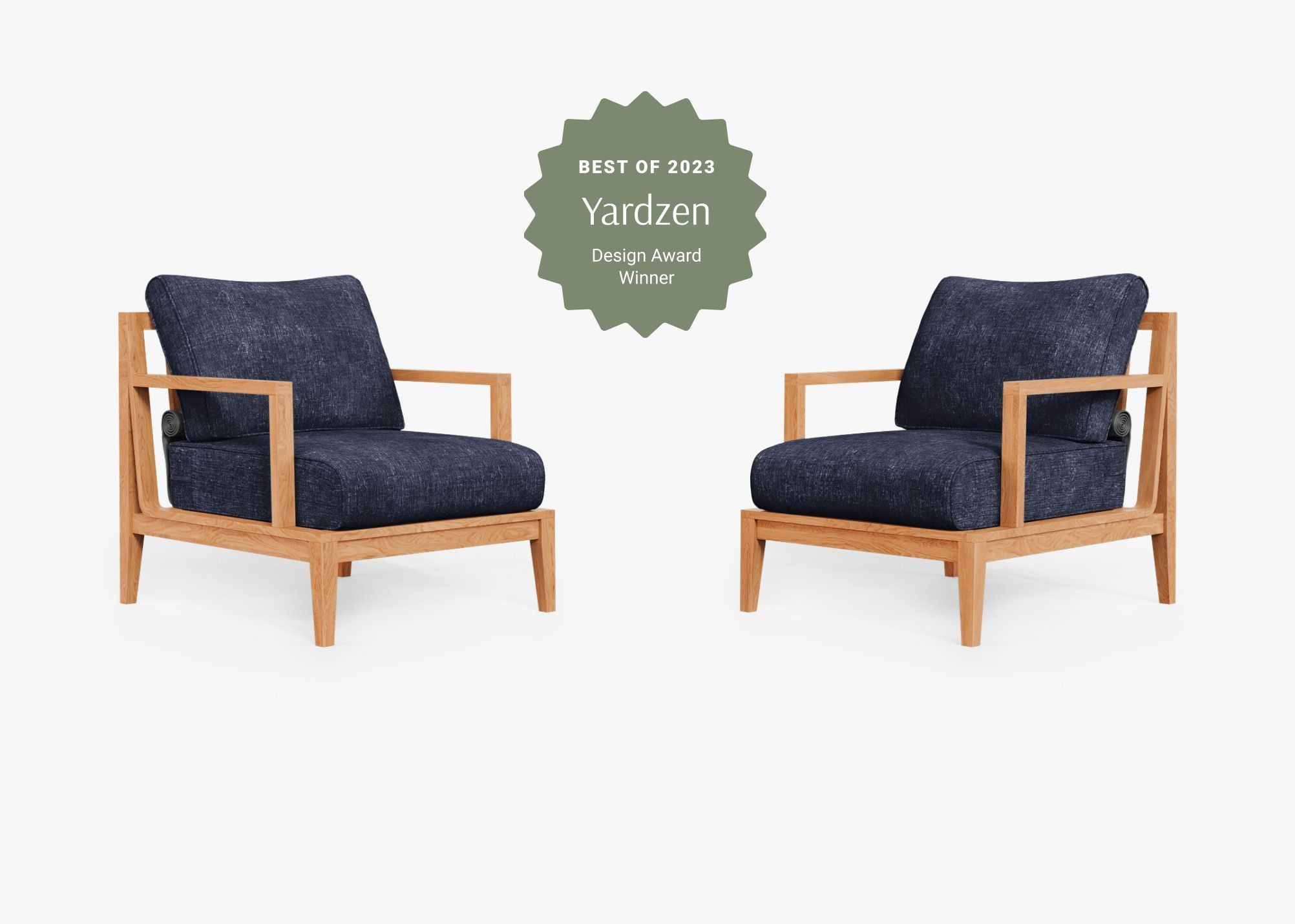 Teak Outdoor Armchair Conversation Set, front. Comfortable, durable, and weather resistant outdoor seating with memory foam. #color_deep sea navy