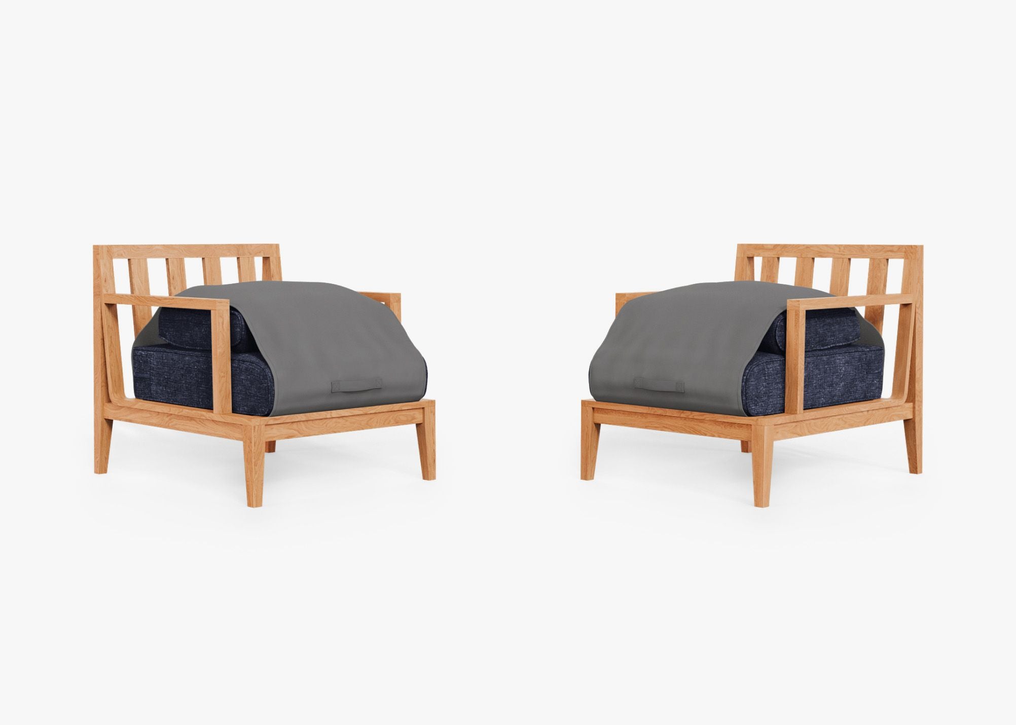 Teak Outdoor Armchair Conversation Set shown with the OuterShell outdoor cushion cover, offering exclusive integrated protection. #color_deep sea navy