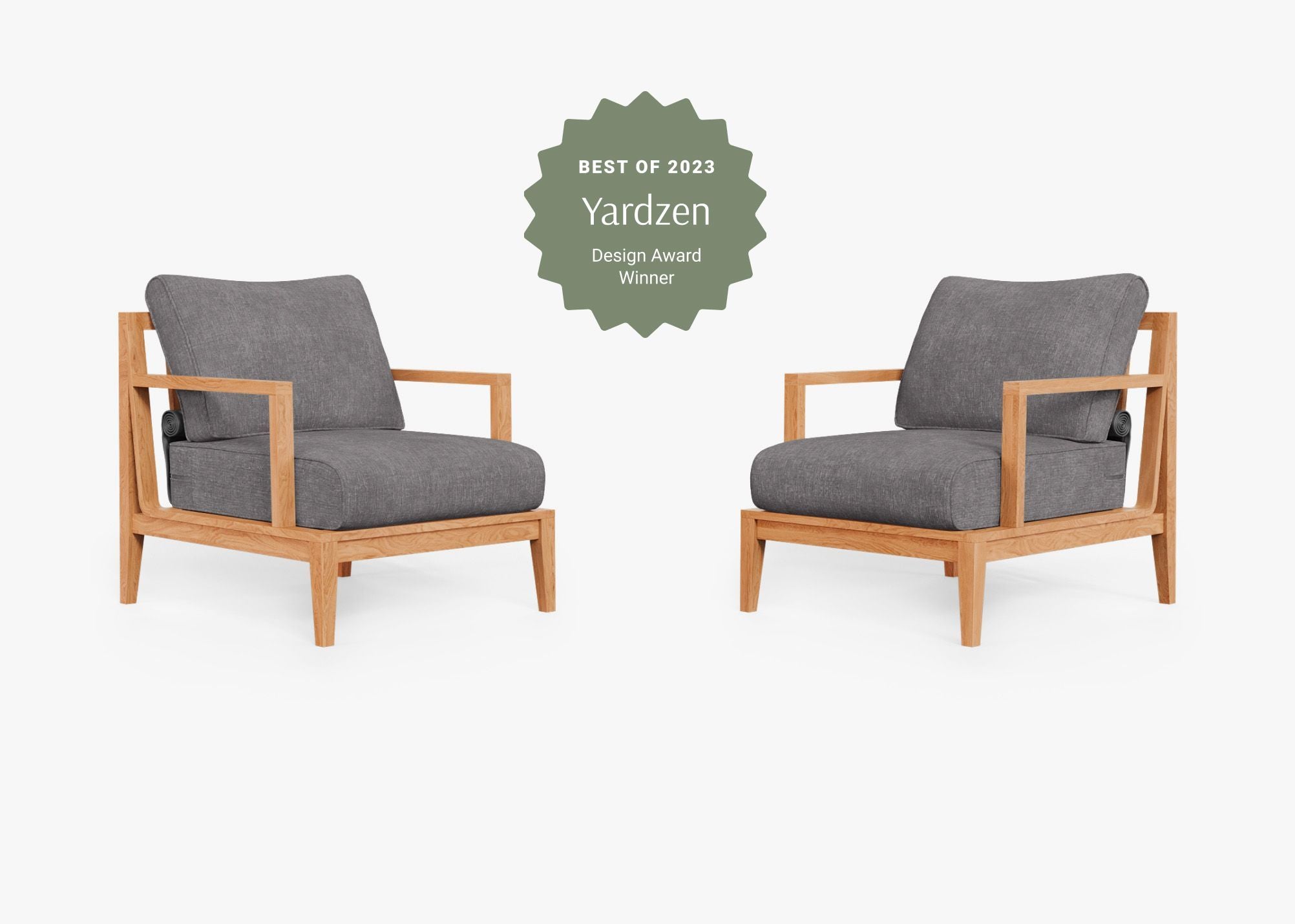 Teak Outdoor Armchair Conversation Set, front. Comfortable, durable, and weather resistant outdoor seating with memory foam. #color_dark pebble gray