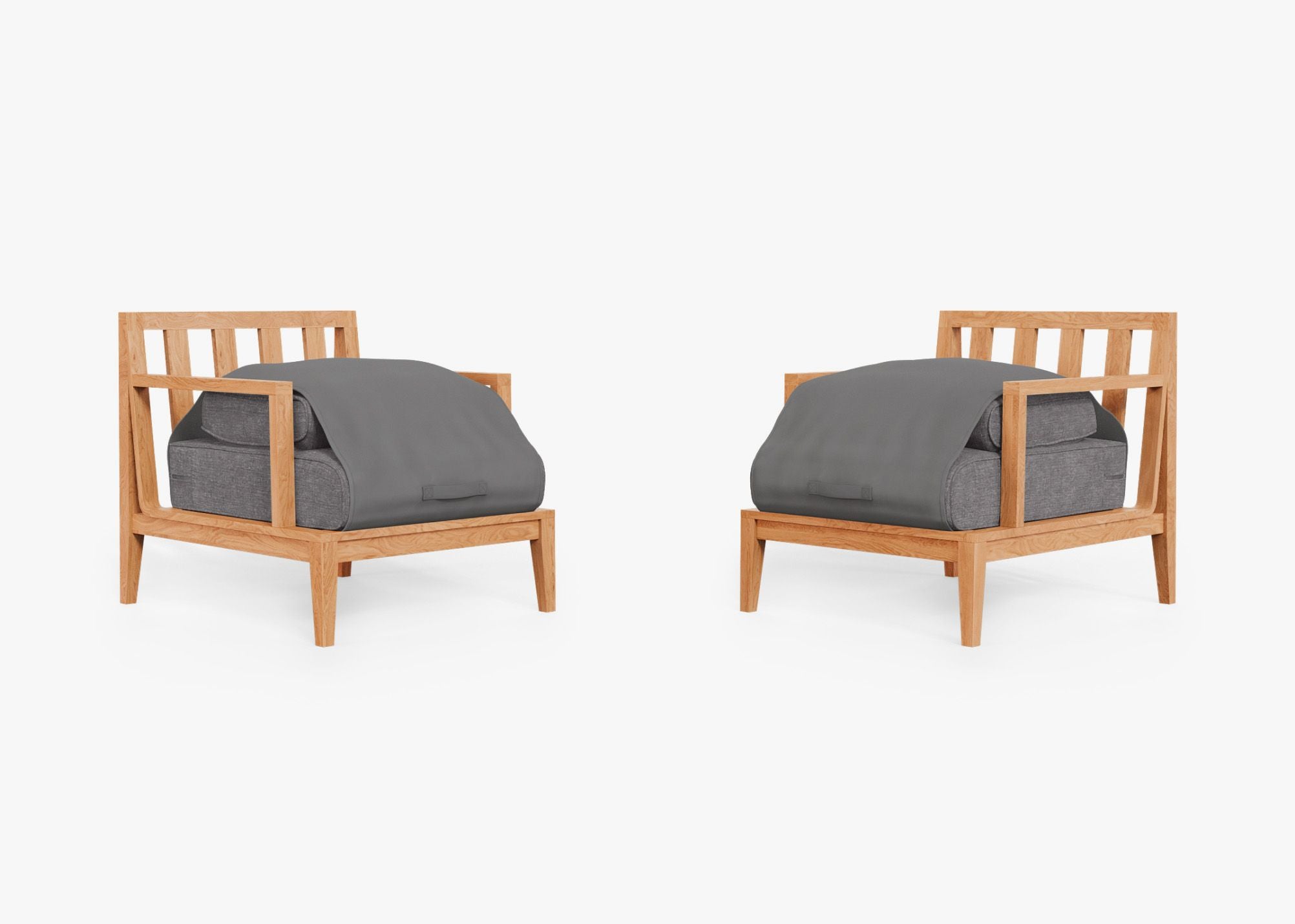 Teak Outdoor Armchair Conversation Set shown with the OuterShell outdoor cushion cover, offering exclusive integrated protection. #color_dark pebble gray