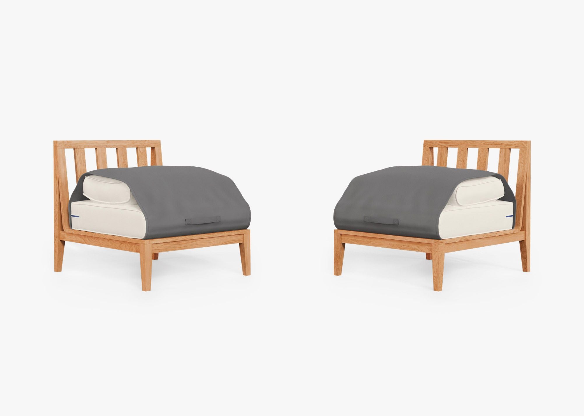 Teak Outdoor Armless Chair Conversation Set shown with the OuterShell outdoor cushion cover, offering exclusive integrated protection. #color_palisades cream