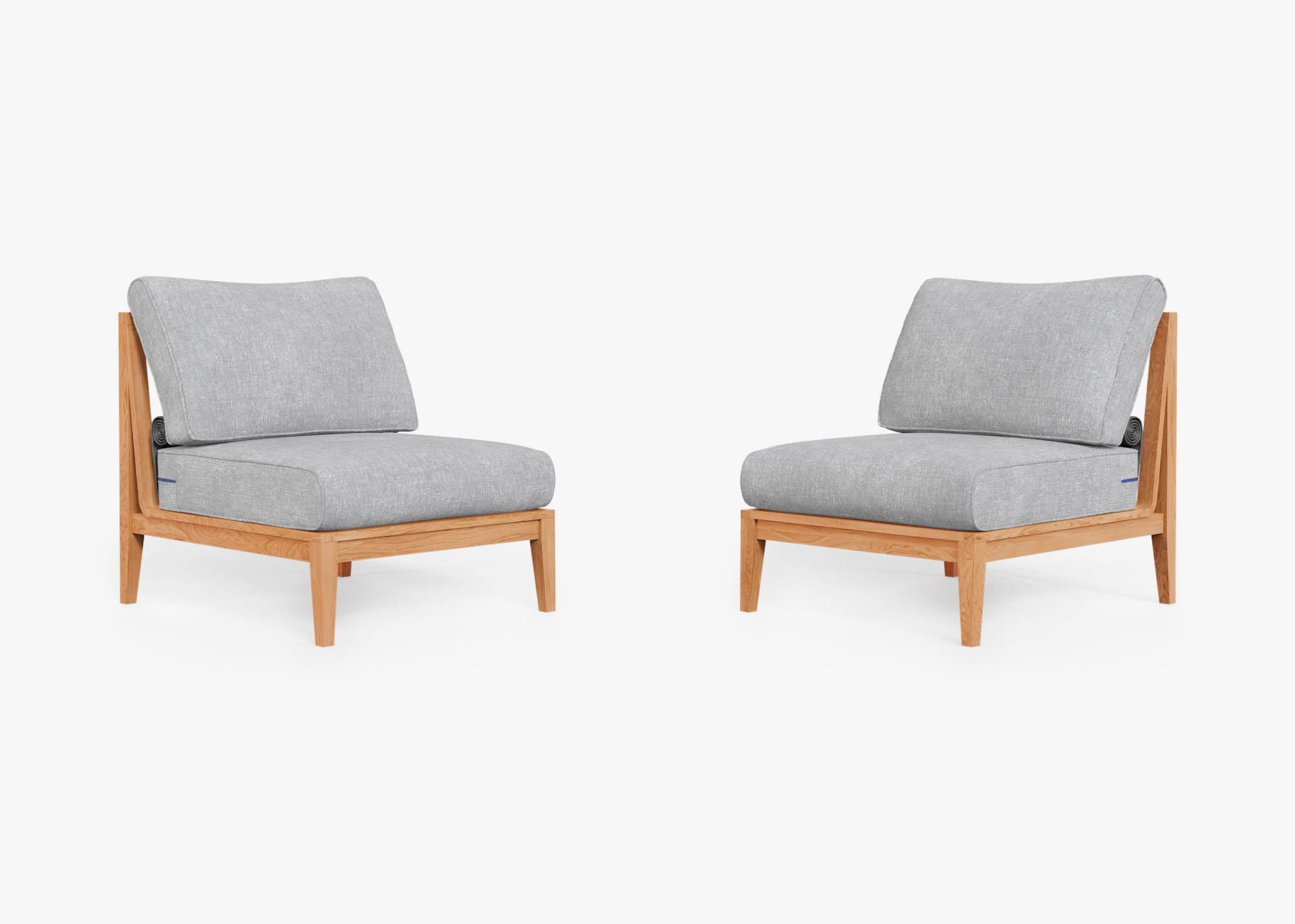 Teak outdoor armless chair and sofa set arranged for conversation, featuring gray cushions and a minimalist design.-teak outdoor sofa-outer #color_pacific fog gray