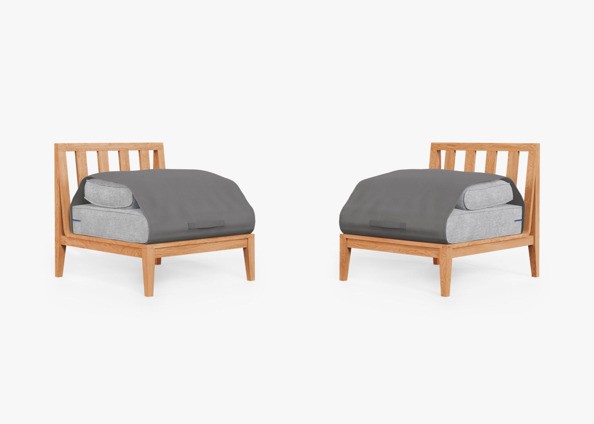 Teak Outdoor Armless Chair Conversation Set shown with the OuterShell outdoor cushion cover, offering exclusive integrated protection. #color_pacific fog gray
