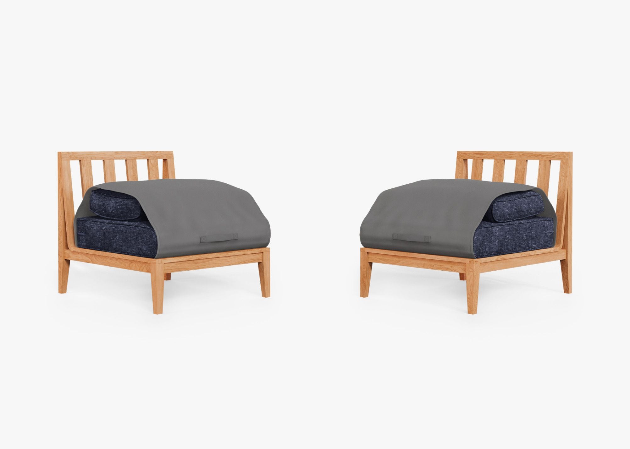 Teak Outdoor Armless Chair Conversation Set shown with the OuterShell outdoor cushion cover, offering exclusive integrated protection. #color_deep sea navy