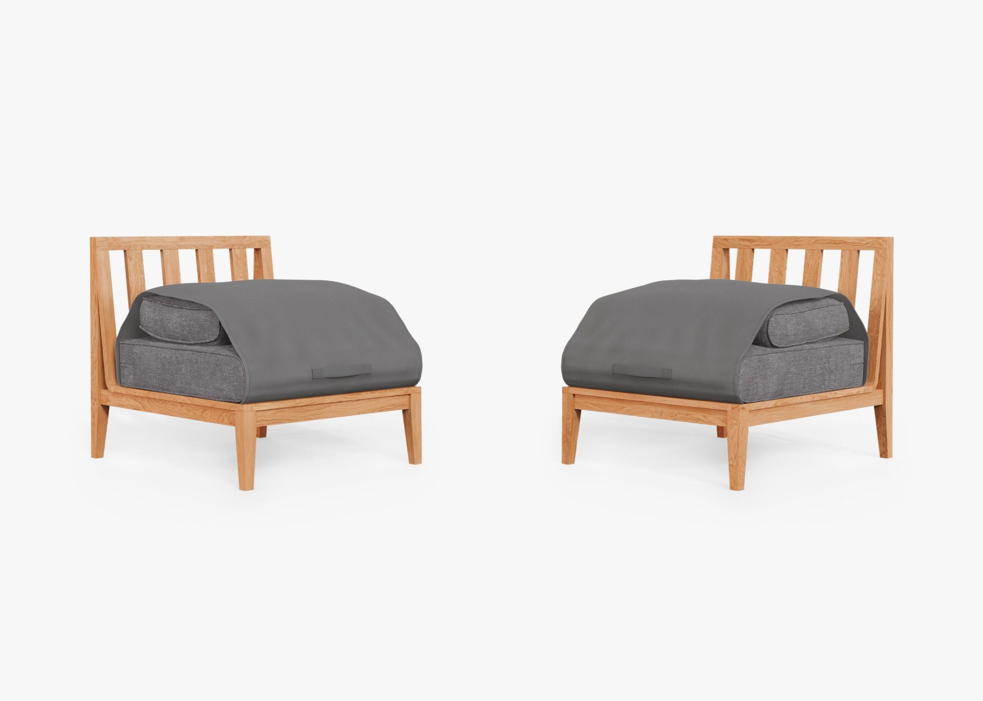 Teak Outdoor Armless Chair Conversation Set shown with the OuterShell outdoor cushion cover, offering exclusive integrated protection. #color_dark pebble gray