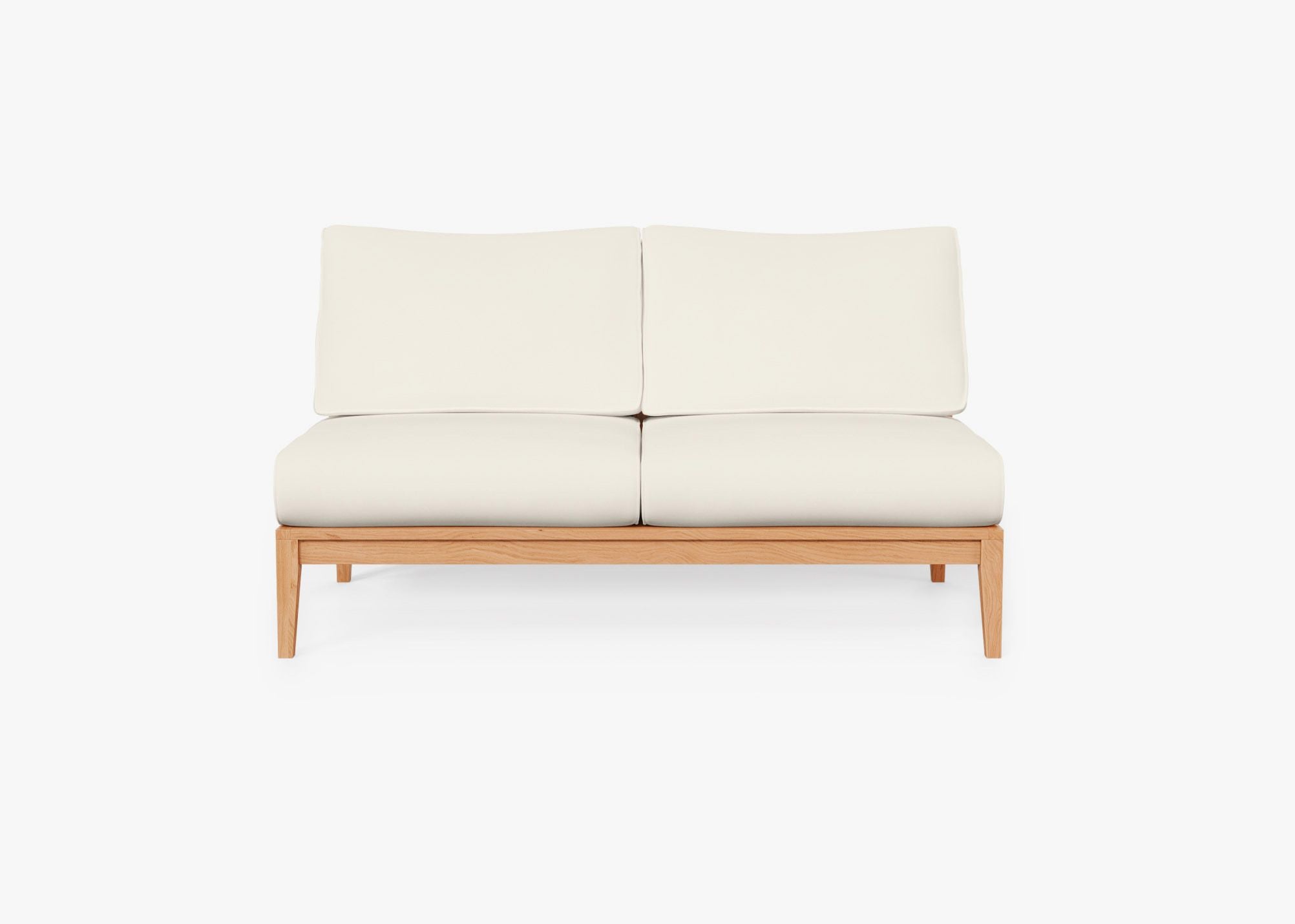 Teak Outdoor Armless Loveseat, front. Comfortable, durable, and weather resistant outdoor seating with memory foam. #color_palisades cream