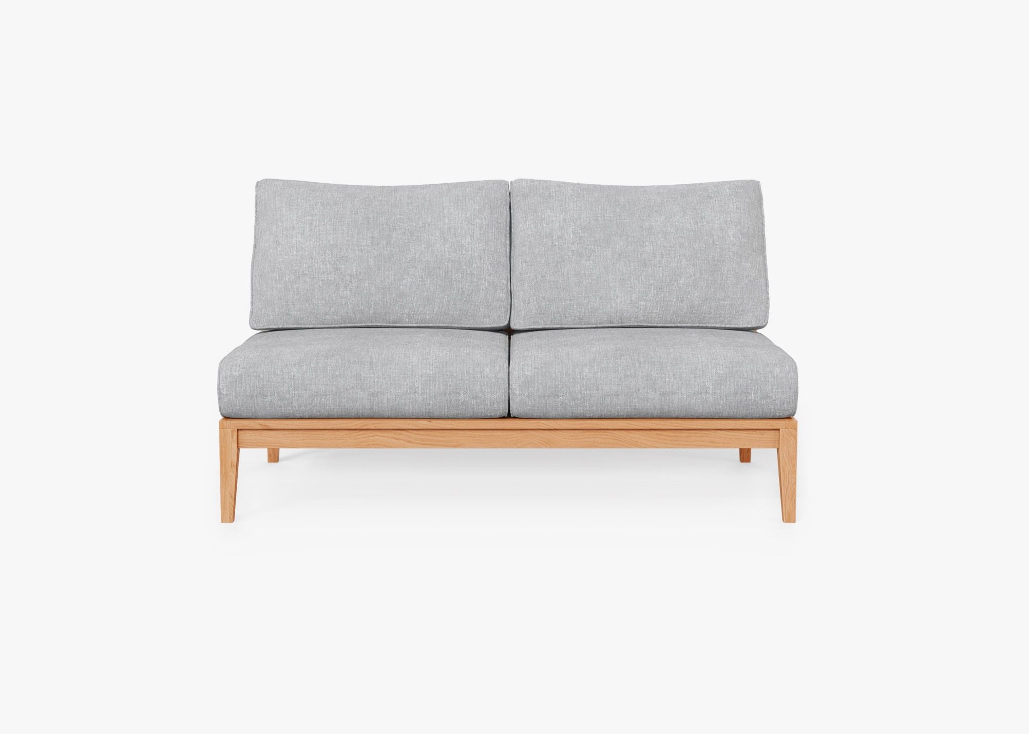 Teak outdoor armless loveseat with gray cushions, featuring a sturdy wooden frame and simple, modern design.-teak outdoor sofa-outer #color_pacific fog gray