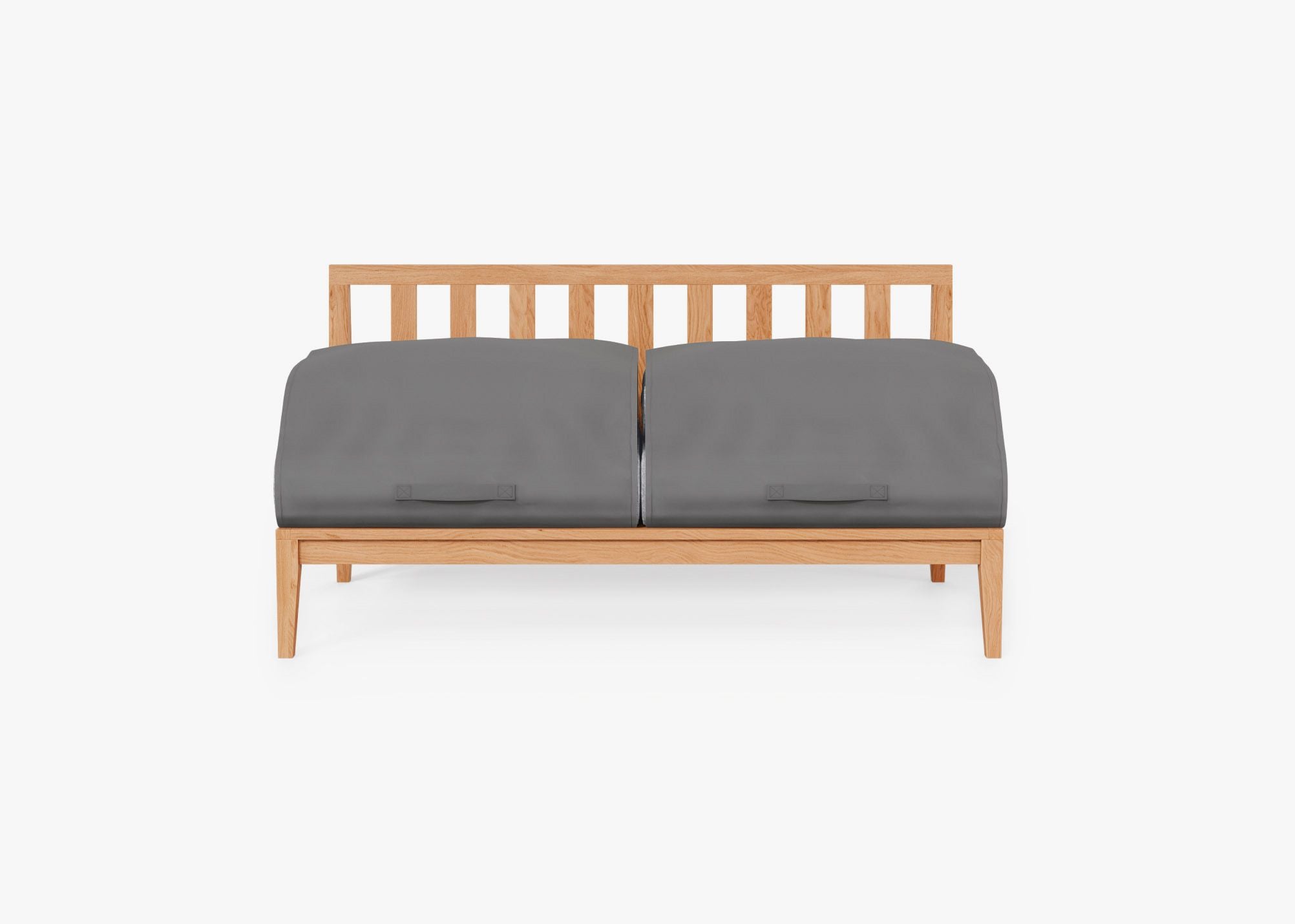 Teak Outdoor Armless Loveseat shown with the OuterShell outdoor cushion cover, offering exclusive integrated protection. #color_pacific fog gray