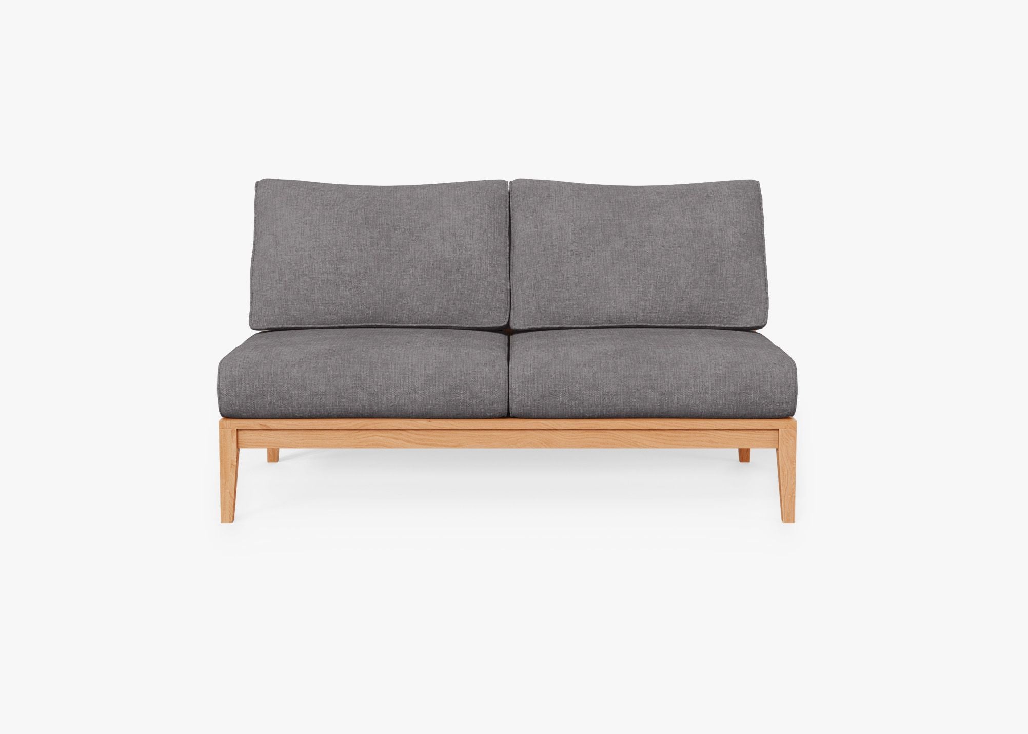 Teak Outdoor Armless Loveseat, front. Comfortable, durable, and weather resistant outdoor seating with memory foam. #color_dark pebble gray