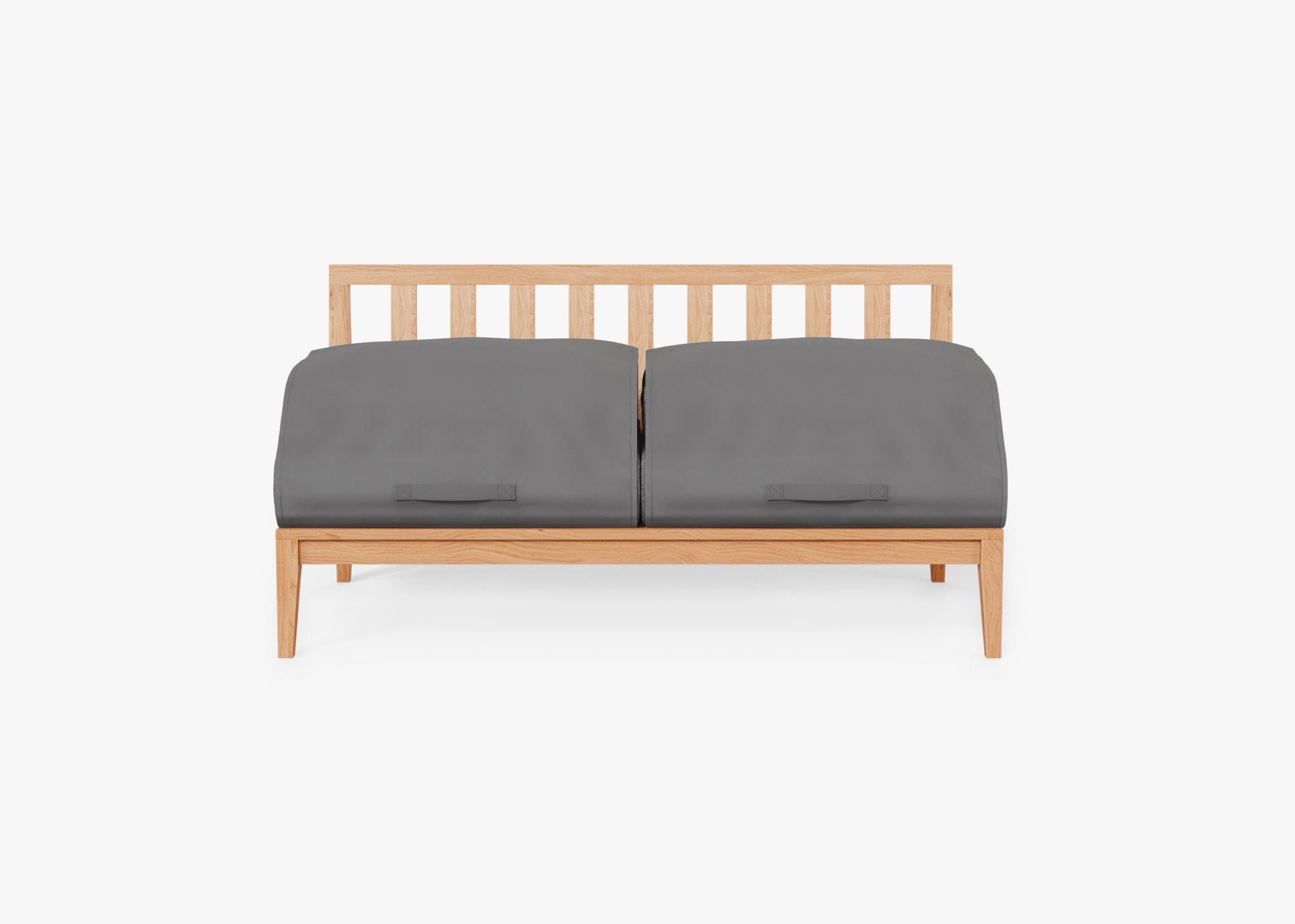 Teak Outdoor Armless Loveseat shown with the OuterShell outdoor cushion cover, offering exclusive integrated protection. #color_dark pebble gray