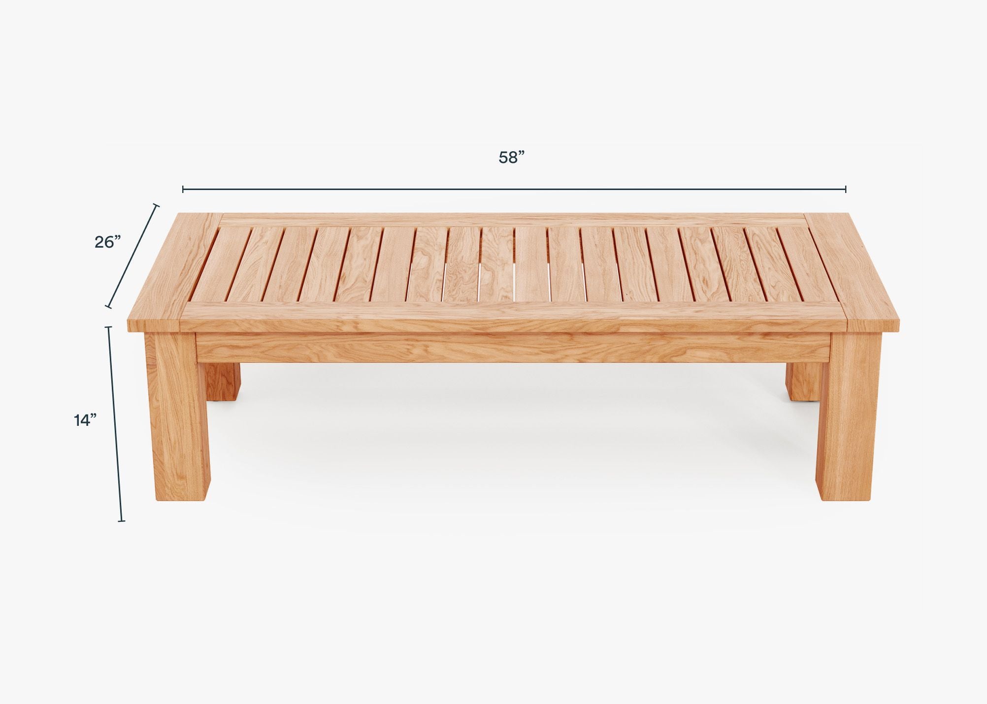 FSC Certified grade-A teak outdoor coffee table with square legs, dimensions in inches. Also listed under Dimensions and Weights. #size_large