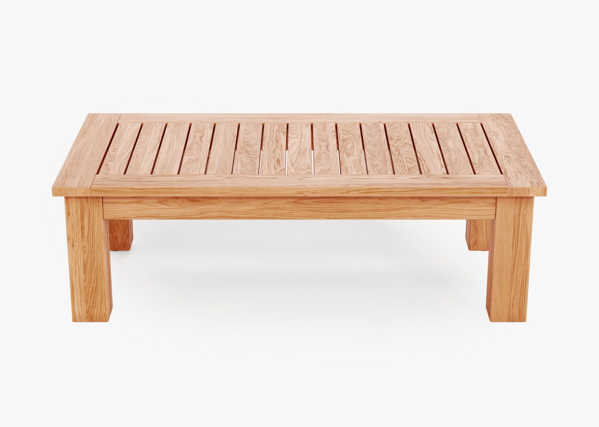 FSC Certified grade-A teak outdoor coffee table with square legs, front. #size_medium