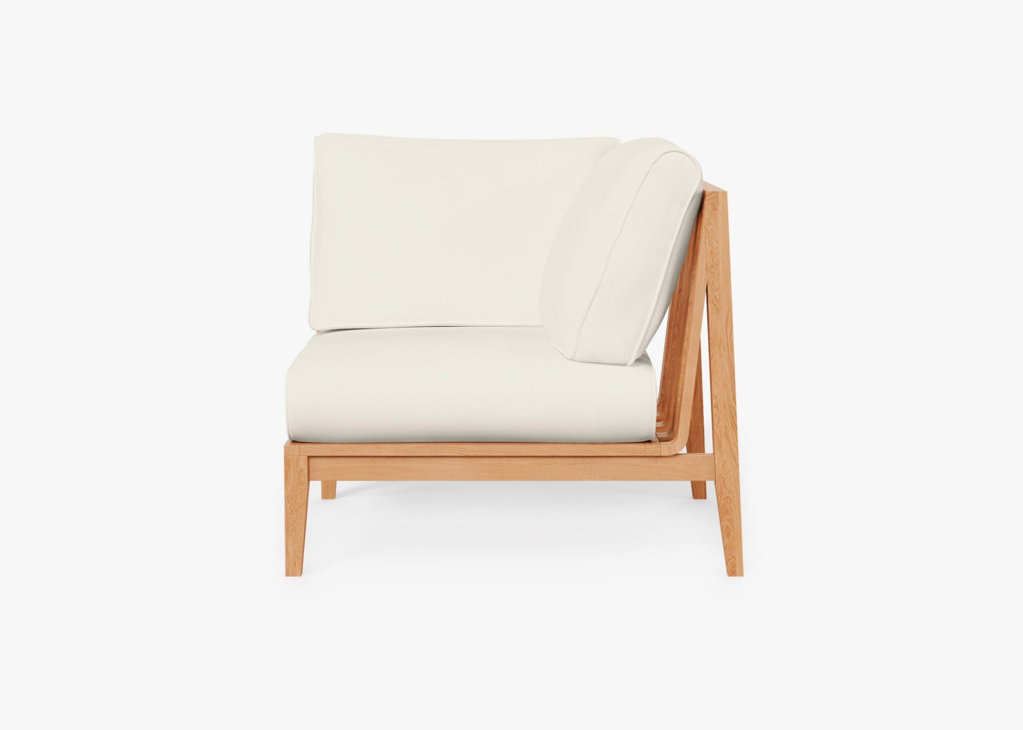 Teak Outdoor Corner Chair - Left, front. Comfortable, durable, and weather resistant outdoor seating with memory foam. #color_palisades cream