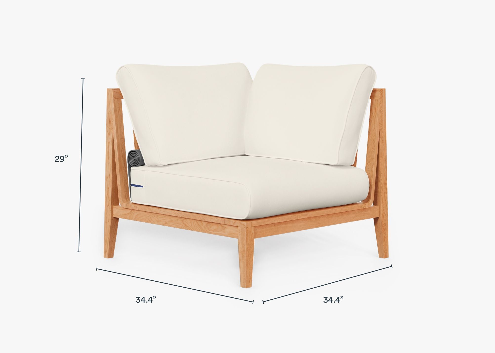 Teak outdoor corner chair positioned on the left, featuring cream cushions and a sturdy wooden frame.-teak outdoor sofa-outer #color_palisades cream
