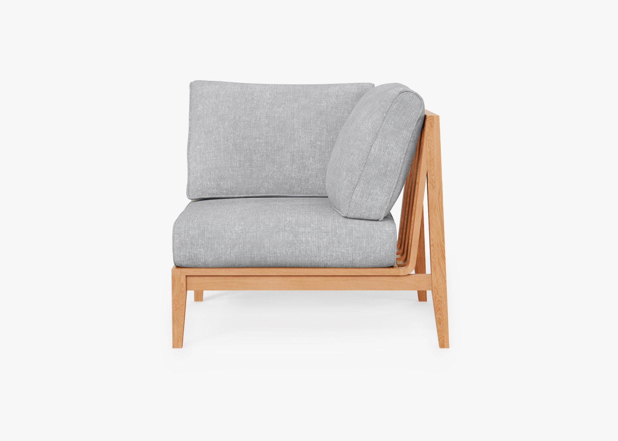 Teak outdoor corner sofa with a left-side chair featuring gray cushions and a sturdy wooden frame.-teak outdoor sofa-outer #size_pacific fog gray