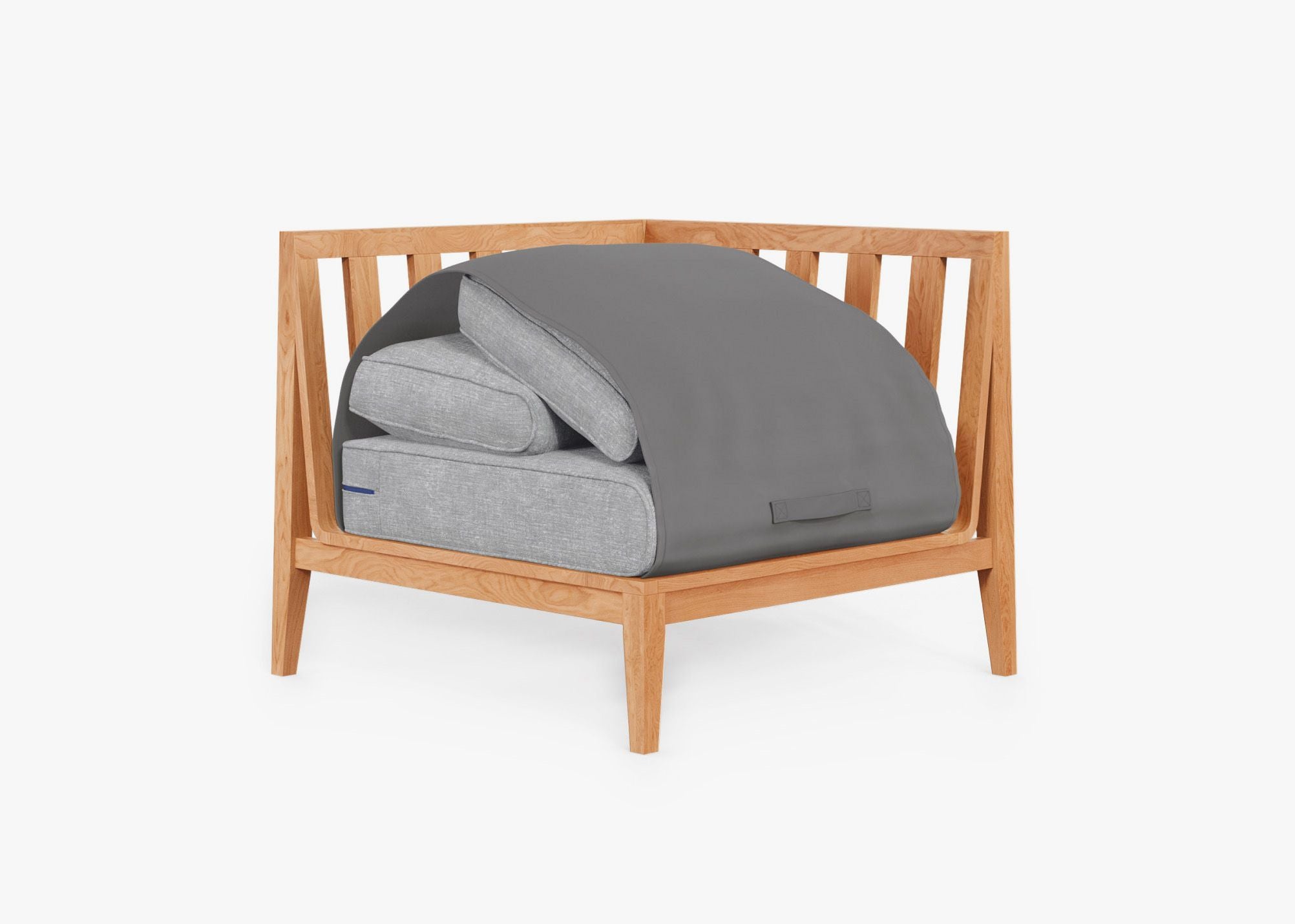 Teak Outdoor Corner Chair - Left shown with the OuterShell outdoor cushion cover, offering exclusive integrated protection. #color_pacific fog gray
