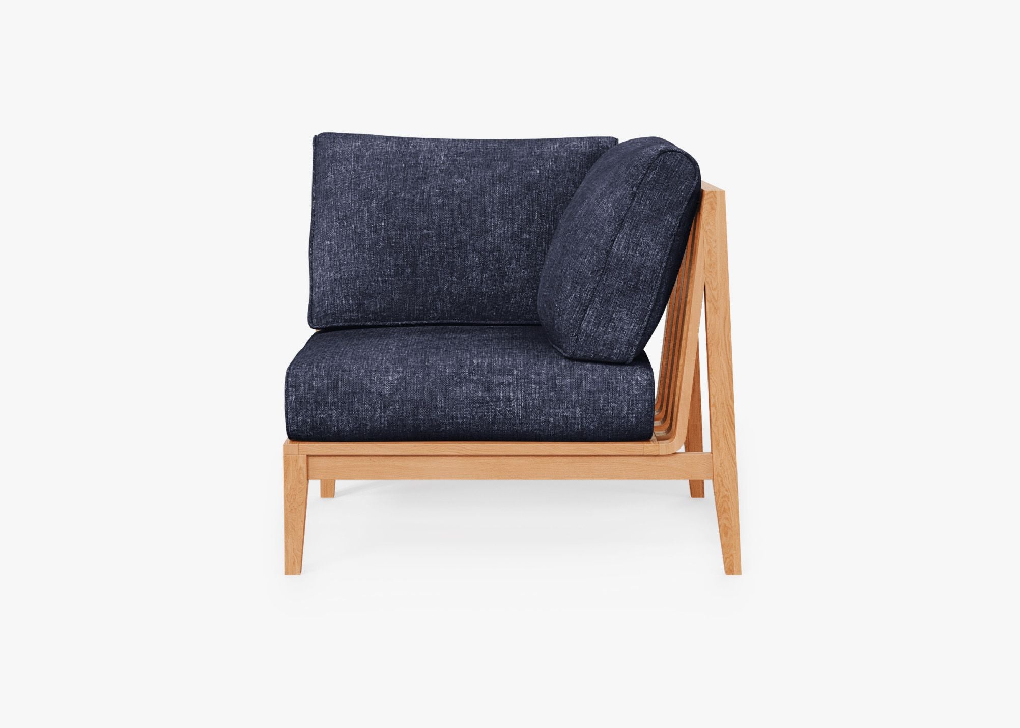 Teak outdoor corner chair with navy cushions, featuring a left-side armrest and a sturdy wooden frame.-teak outdoor sofa-outer #color_deep sea navy