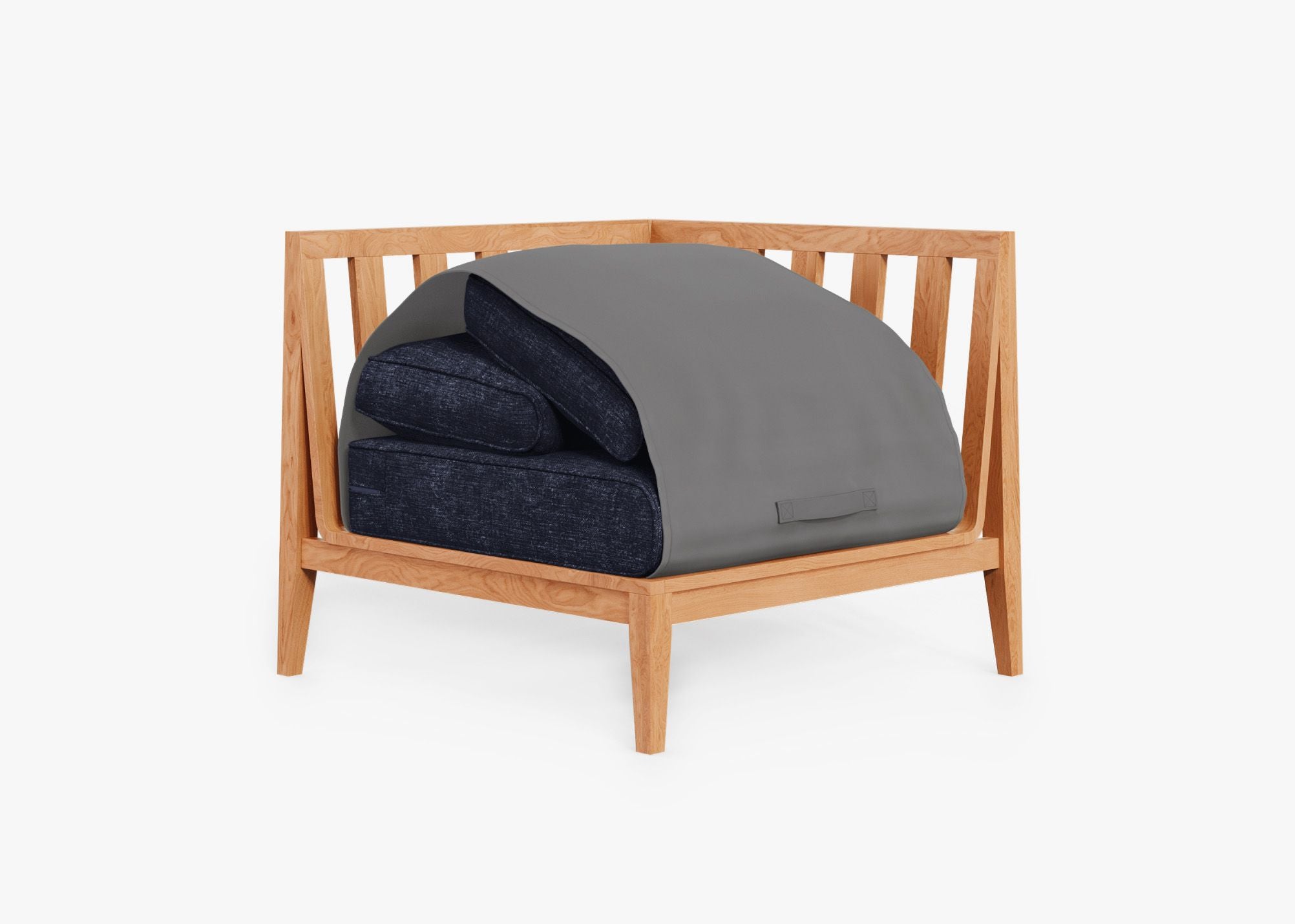 Teak Outdoor Corner Chair - Left shown with the OuterShell outdoor cushion cover, offering exclusive integrated protection. #color_deep sea navy