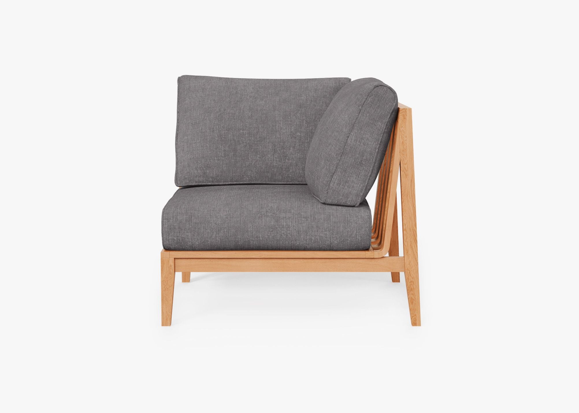 Teak Outdoor Corner Chair - Left, front. Comfortable, durable, and weather resistant outdoor seating with memory foam. #color_dark pebble gray