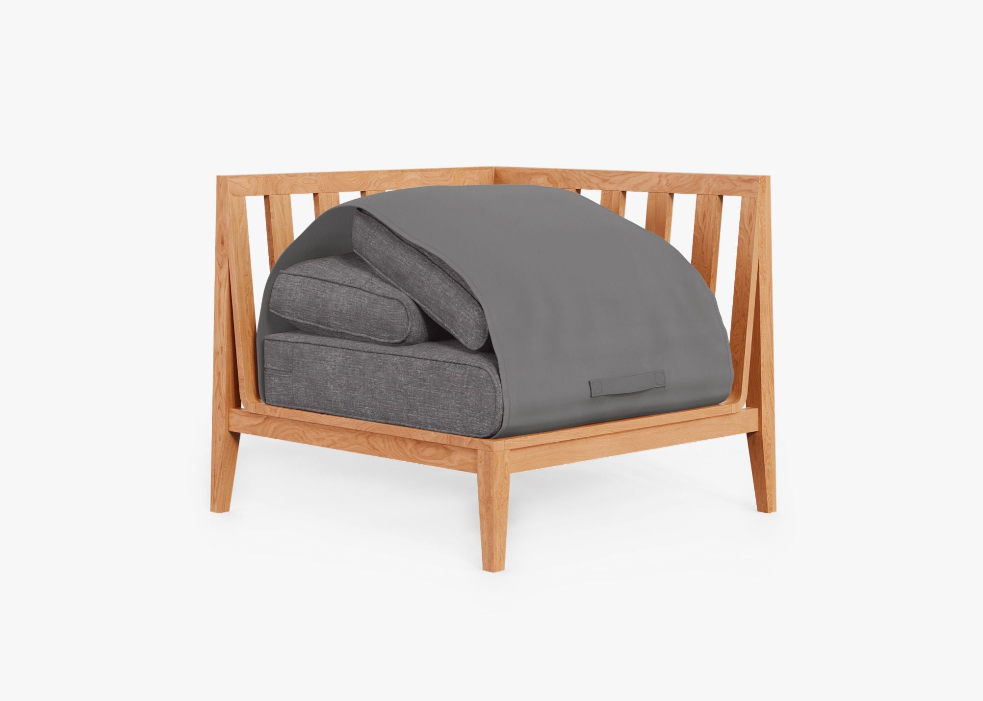 Teak Outdoor Corner Chair - Left shown with the OuterShell outdoor cushion cover, offering exclusive integrated protection. #color_dark pebble gray