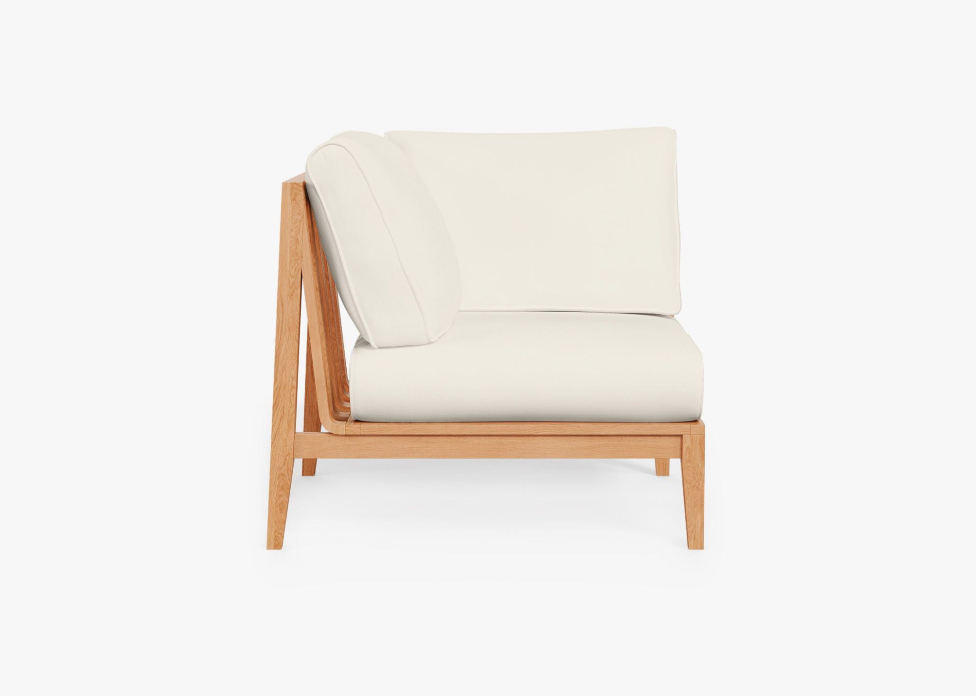 Teak Outdoor Corner Chair - Right, front. Comfortable, durable, and weather resistant outdoor seating with memory foam. #color_palisades cream