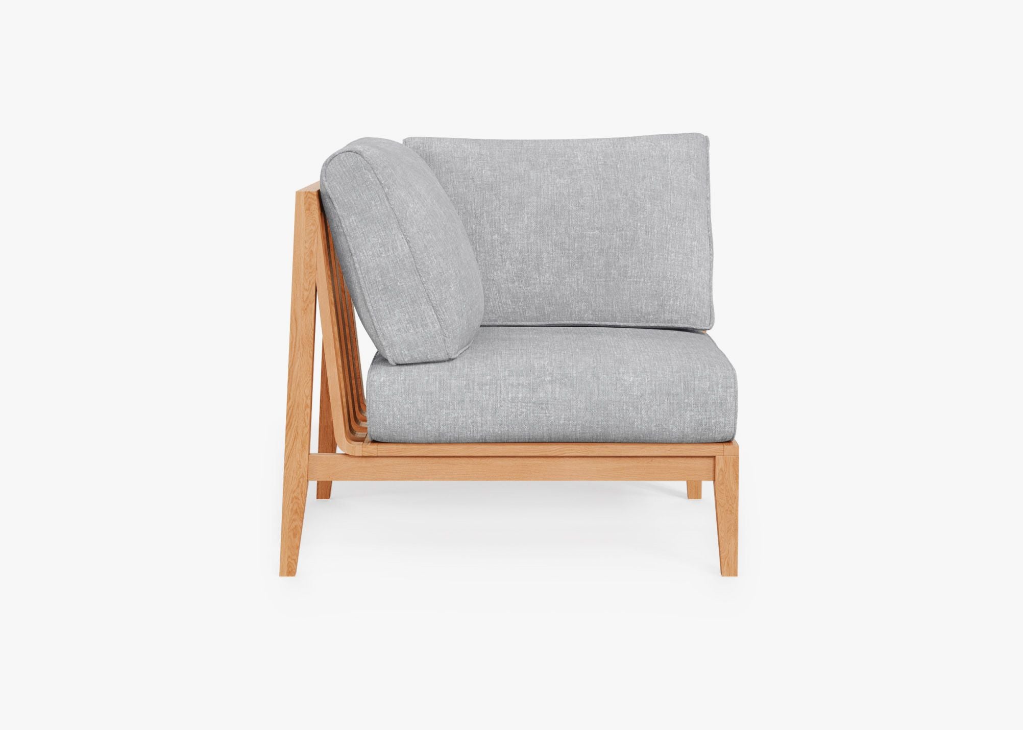 Teak Outdoor Corner Chair - Right, front. Comfortable, durable, and weather resistant outdoor seating with memory foam. #size_pacific fog gray