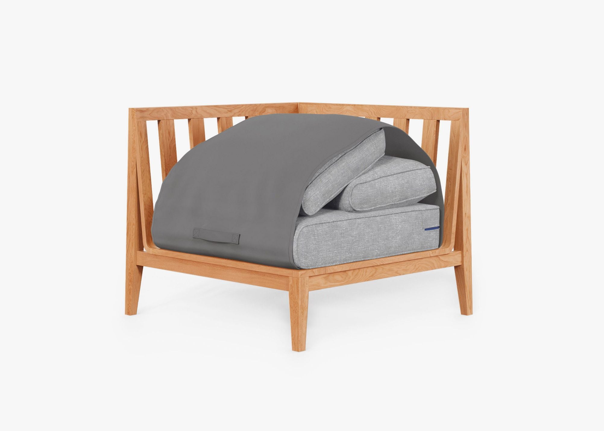 Teak Outdoor Corner Chair - Right shown with the OuterShell outdoor cushion cover, offering exclusive integrated protection. #color_pacific fog gray