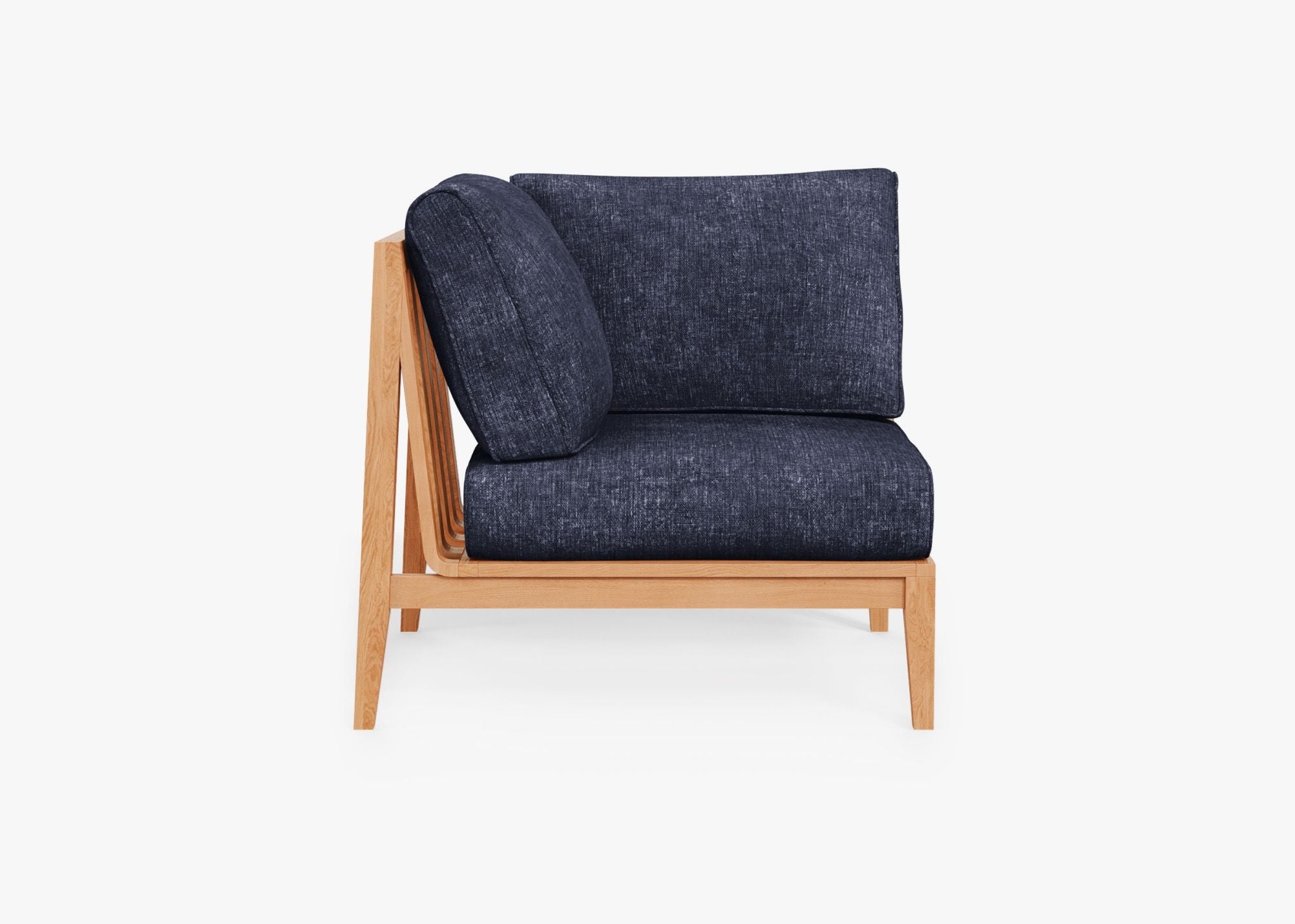 Teak Outdoor Corner Chair - Right, front. Comfortable, durable, and weather resistant outdoor seating with memory foam. #color_deep sea navy