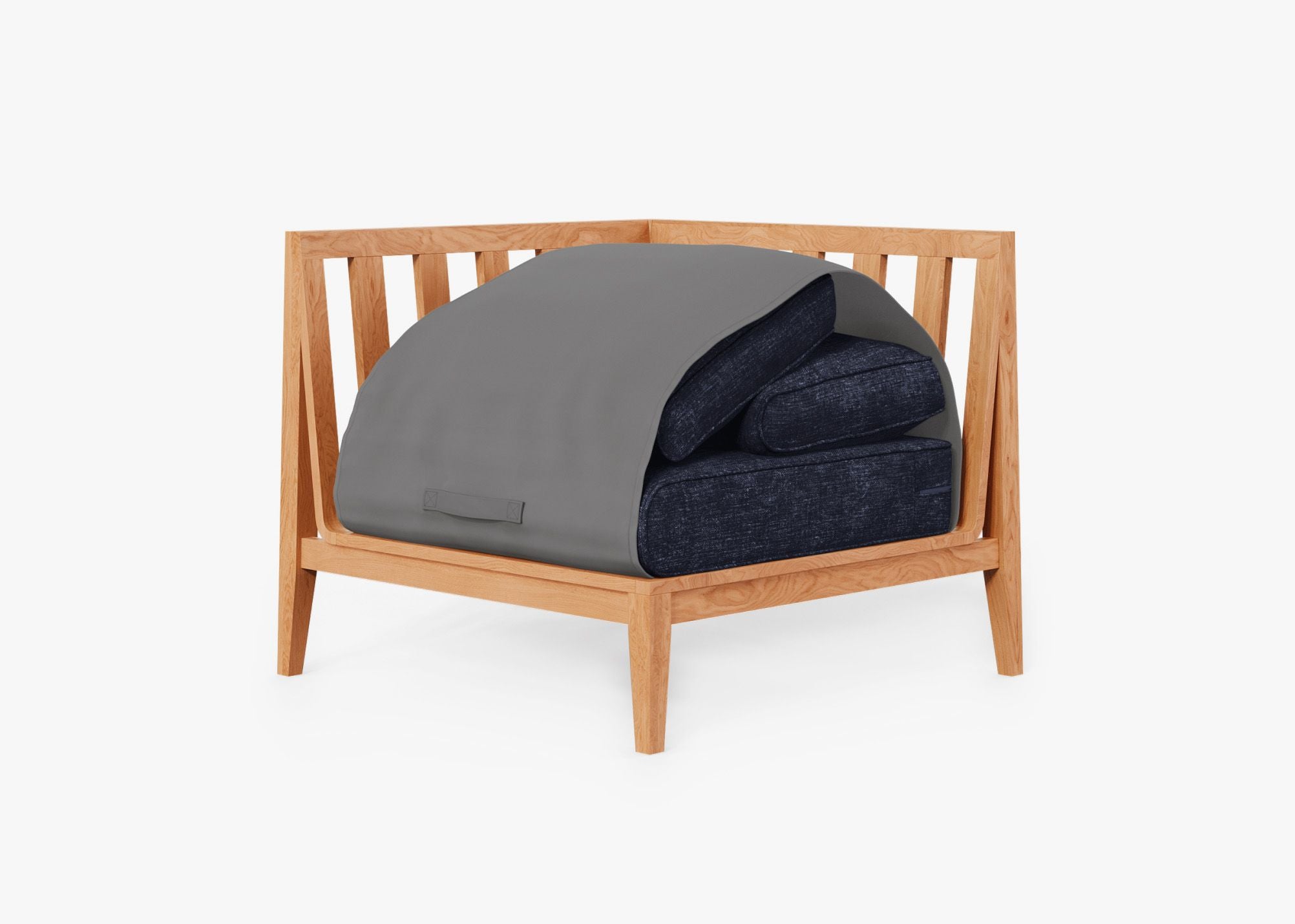 Teak Outdoor Corner Chair - Right shown with the OuterShell outdoor cushion cover, offering exclusive integrated protection. #color_deep sea navy