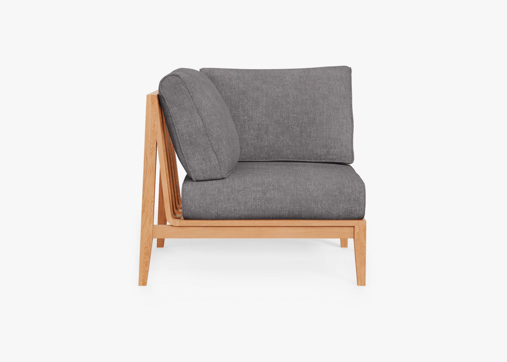 Teak Outdoor Corner Chair - Right, front. Comfortable, durable, and weather resistant outdoor seating with memory foam. #color_dark pebble gray