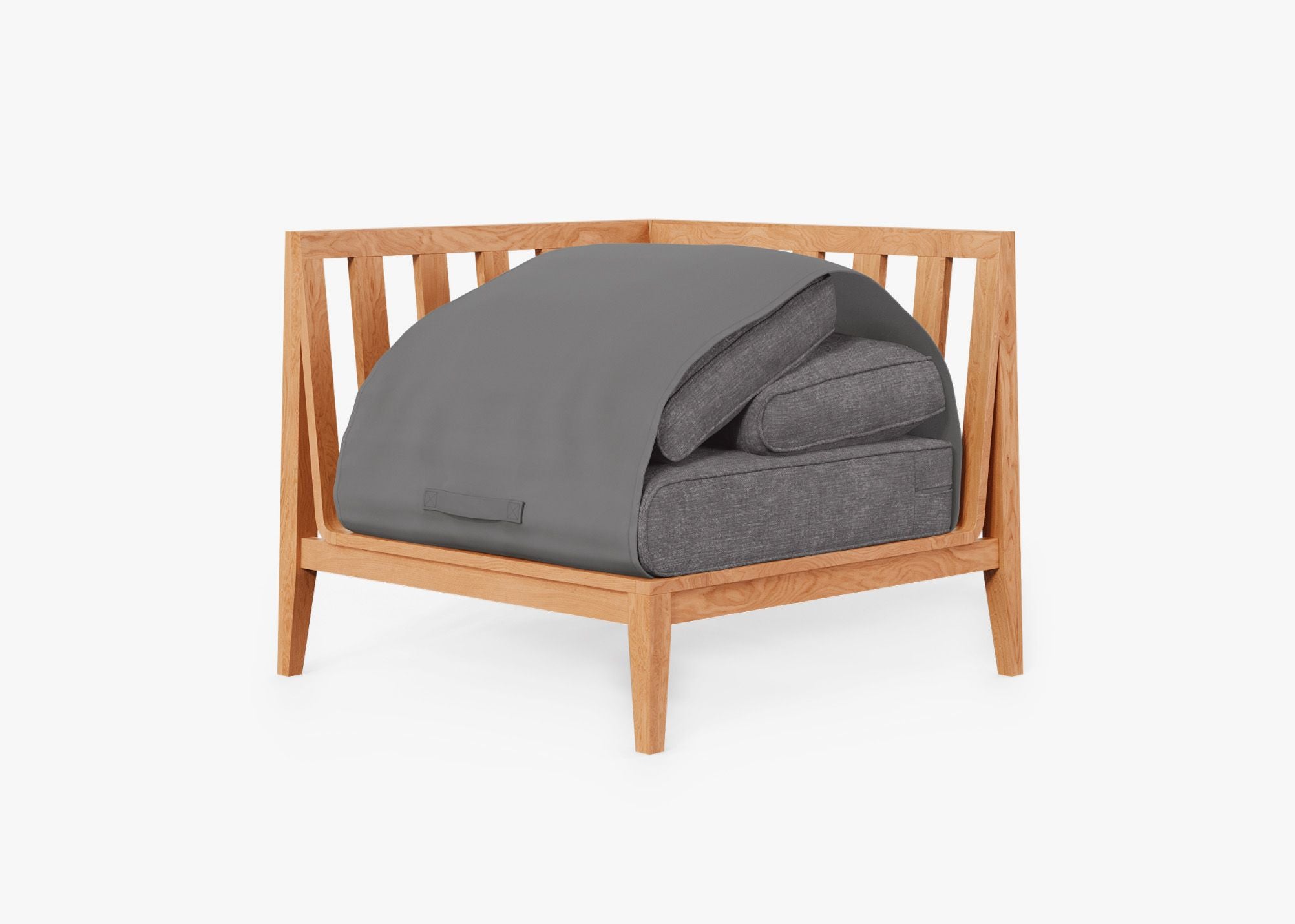 Teak Outdoor Corner Chair - Right shown with the OuterShell outdoor cushion cover, offering exclusive integrated protection. #color_dark pebble gray