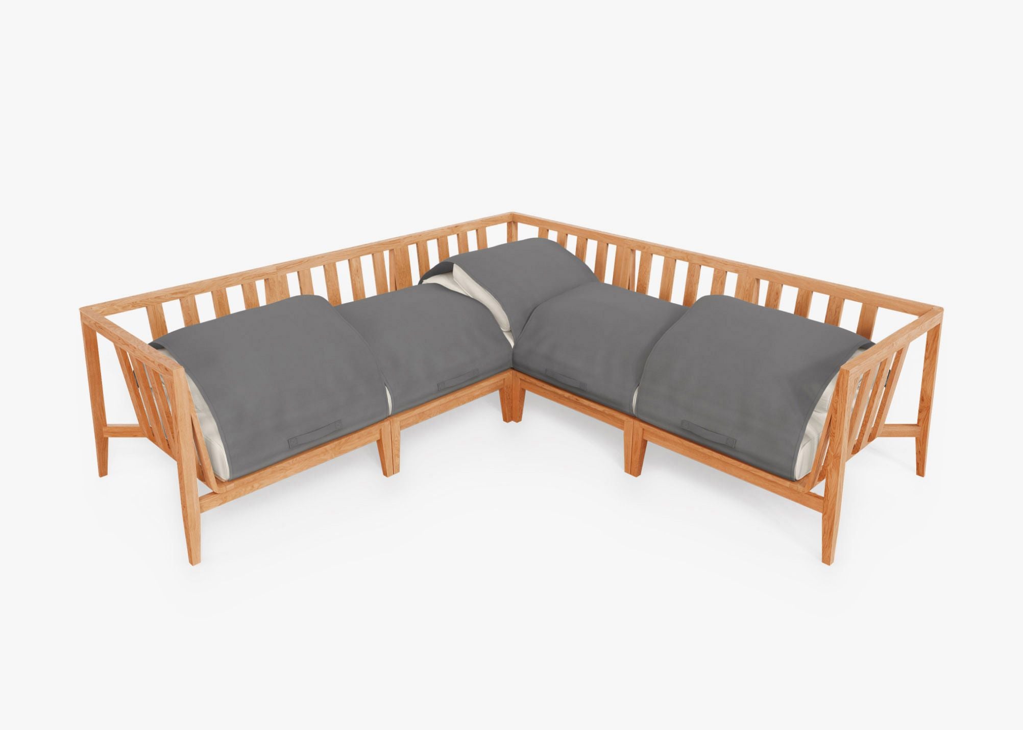 Teak Outdoor Corner Sectional - 5 Seat shown with the OuterShell outdoor cushion cover, offering exclusive integrated protection. #color_palisades cream